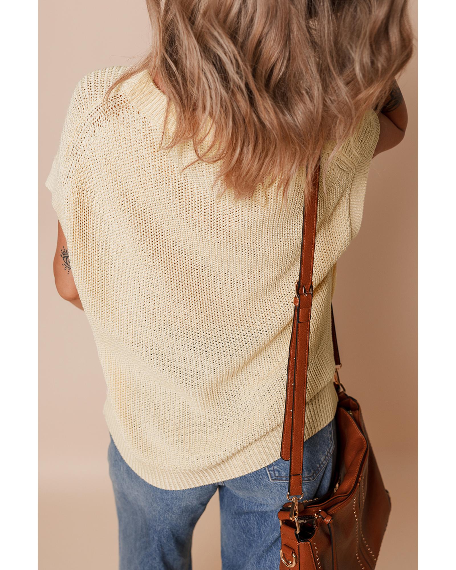 V539-AZEXDC277667-P1015-XL-202508281425-00 Oatmeal Solid Color Batwing Short Sleeve Round Neck Knit T Shirt - XL - Image 1