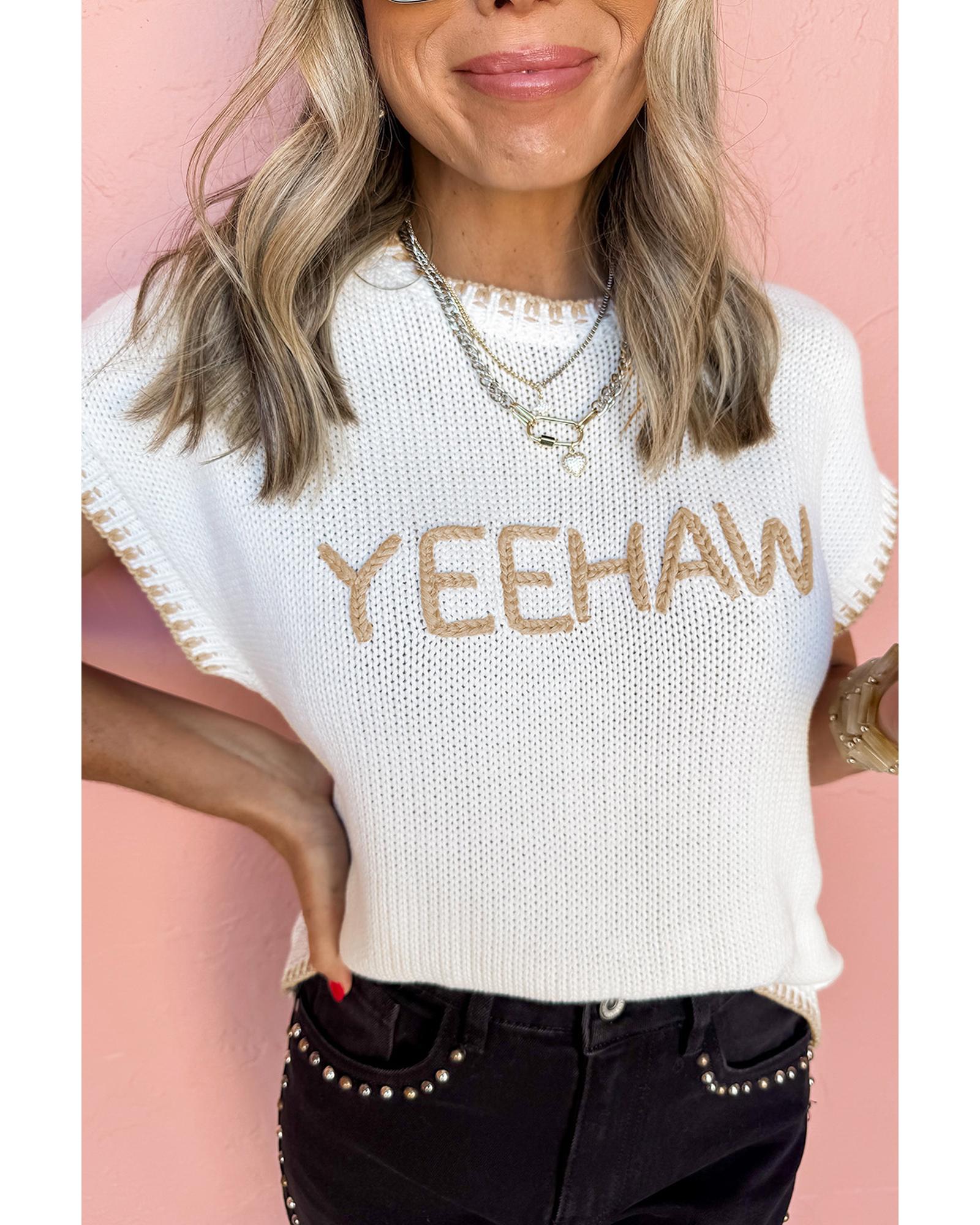 V539-AZEXDC277717-P1-XL-202508281320-00 White Knitted YEEHAW Stitch Edge Crew Neck Sweater T Shirt - XL - Image 1