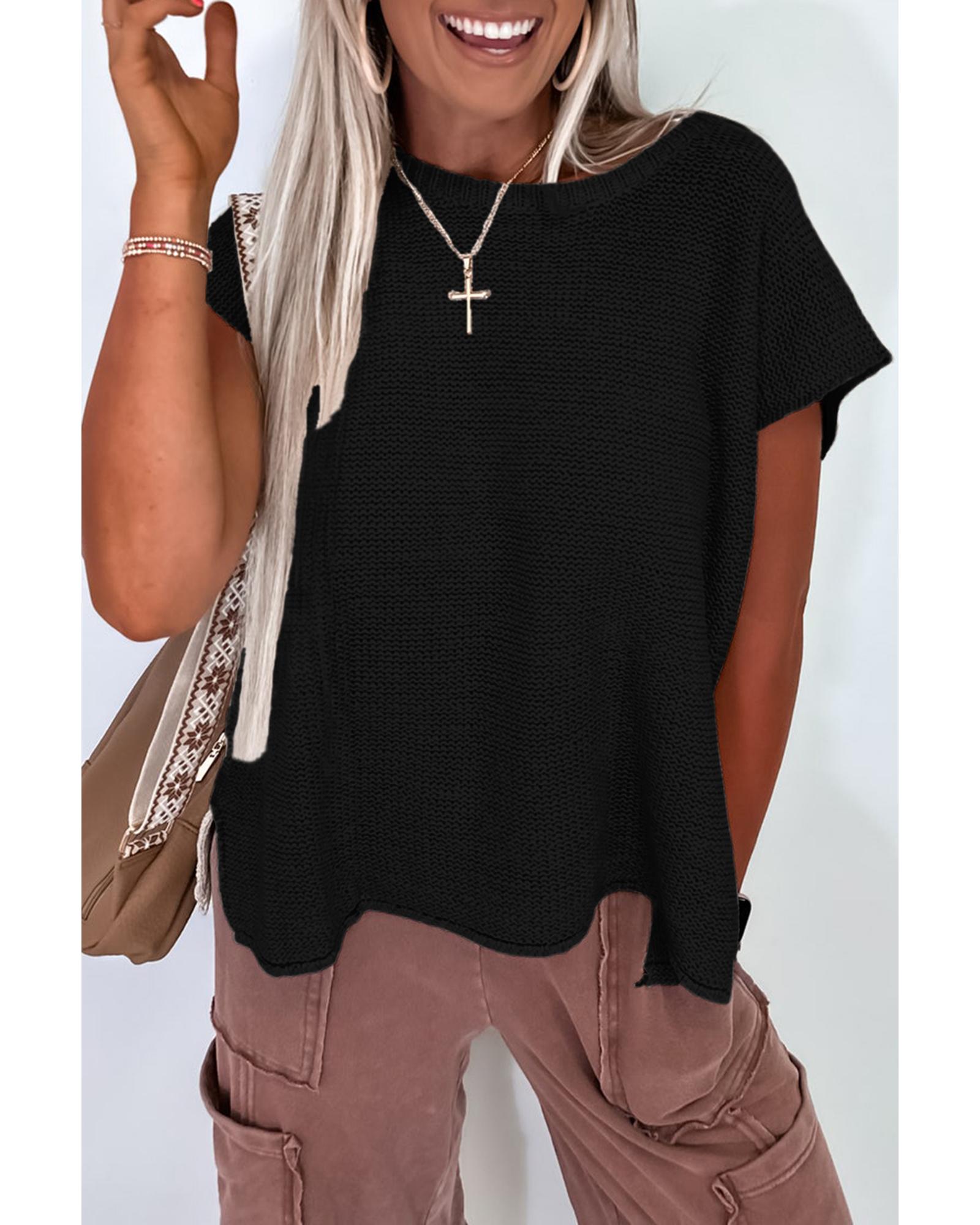V539-AZEXDC277740-P2-S-202506140815-00 Black Solid Color Sweater Tee with Side Slits - S - Image 1