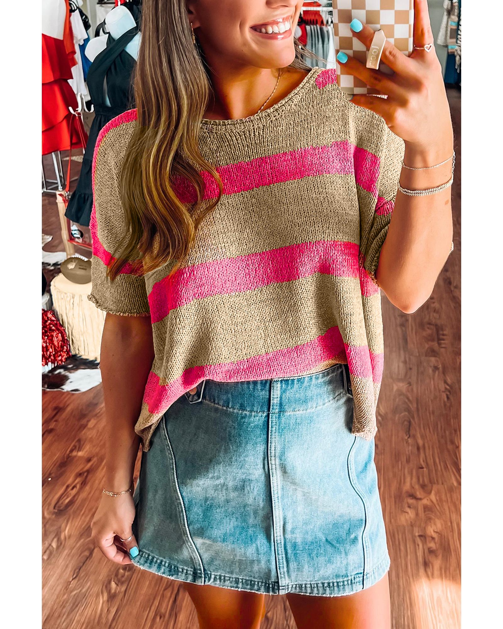 V539-AZEXDC277797-P1019-M-202508280555-00 Pink Stripe Colorblock Short Sleeve Crew Neck Lightweight Sweater - M - Image 1