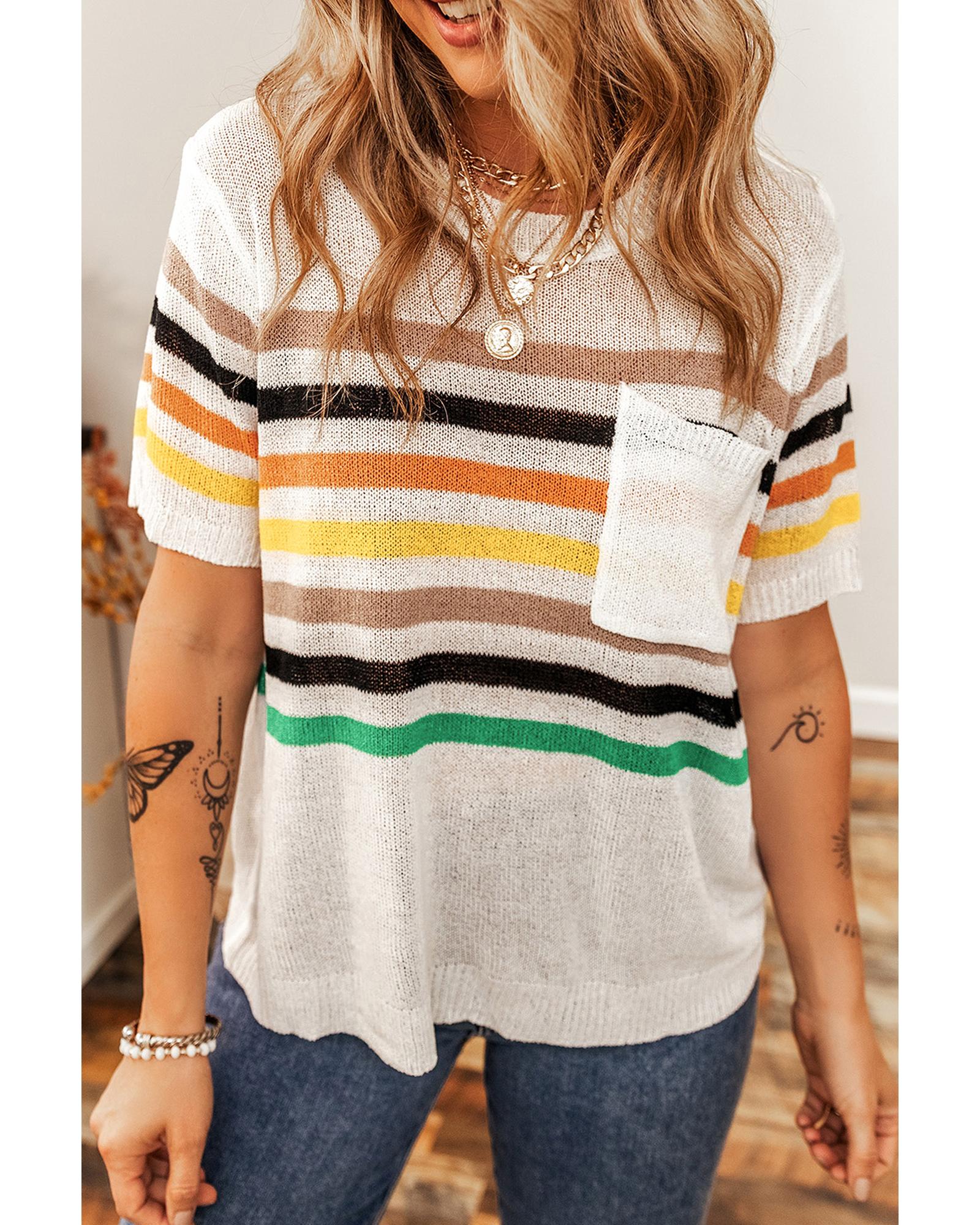 V539-AZEXDC277800-P1-XL-202508281320-00 White Striped Pocketed Loose Fit Crewneck Knitted T Shirt - XL - Image 1