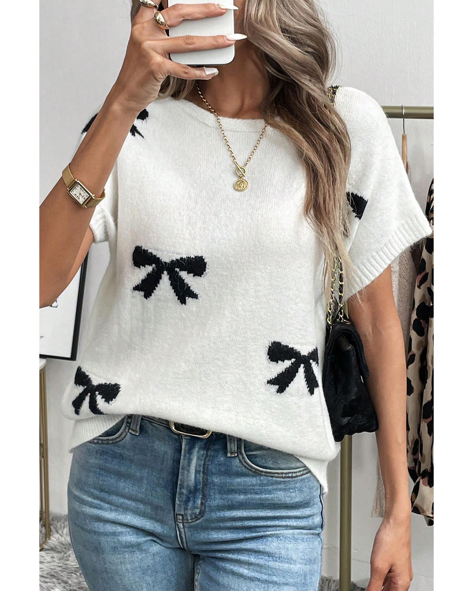 V539-AZEXDC277801-P222-S-202506140840-00 Black Bow Pattern Knit Short Sleeve Sweater - S - Image 1