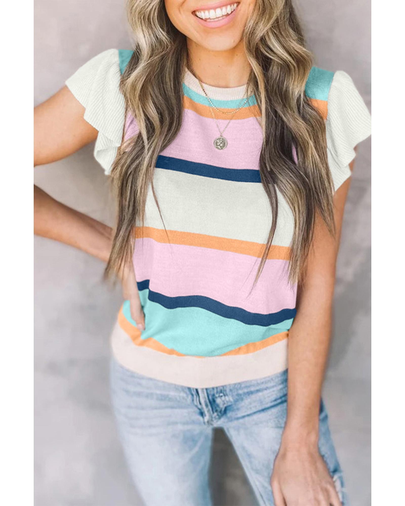 V539-AZEXDC277816-P22-S-202506140845-00 Multicolour Striped Color Block Flutter Sleeve Patchwork Sweater Top - S - Image 1