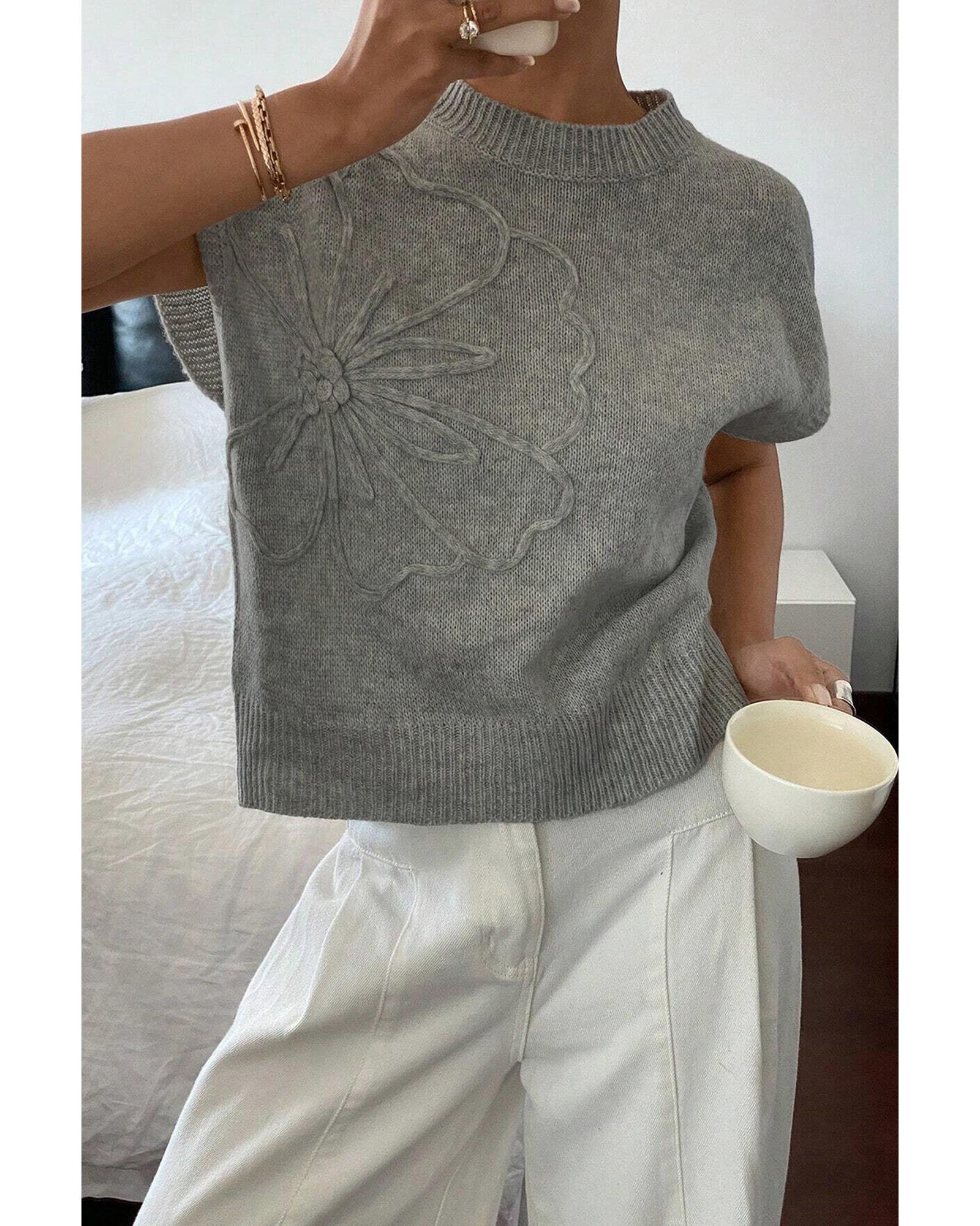 V539-AZEXDC277850-P6011-XL-202508292206-00 High Flower Pattern Ribbed Trim Short Sleeve Boxy Sweater - XL - Image 1