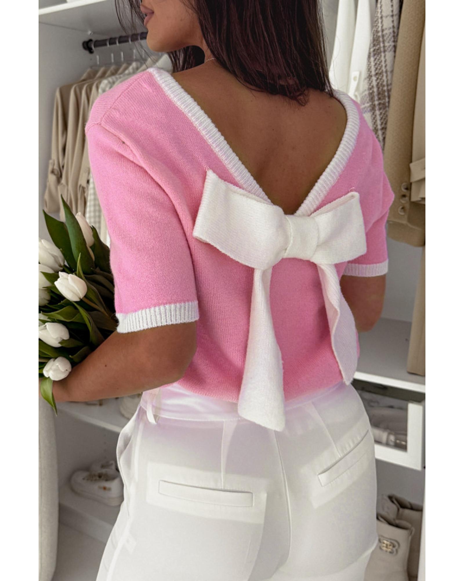 V539-AZEXDC277855-P3010-XL-202508300605-00 Bonbon Colorblock Bow V-Shape Cut Back Short Sleeve Sweater - XL - Image 1