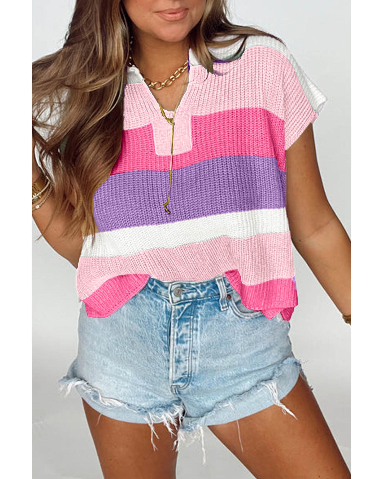 V539-AZEXDC277874-P1022-XL-202508280555-00 Pink Color Block Notch V Neck Sweater T Shirt - XL - Image 1