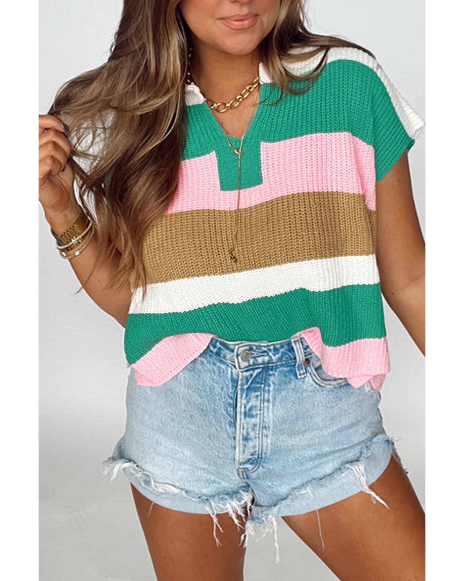 V539-AZEXDC277874-P22-L-202508280610-00 Multicolour Color Block Notch V Neck Sweater T Shirt - L - Image 1