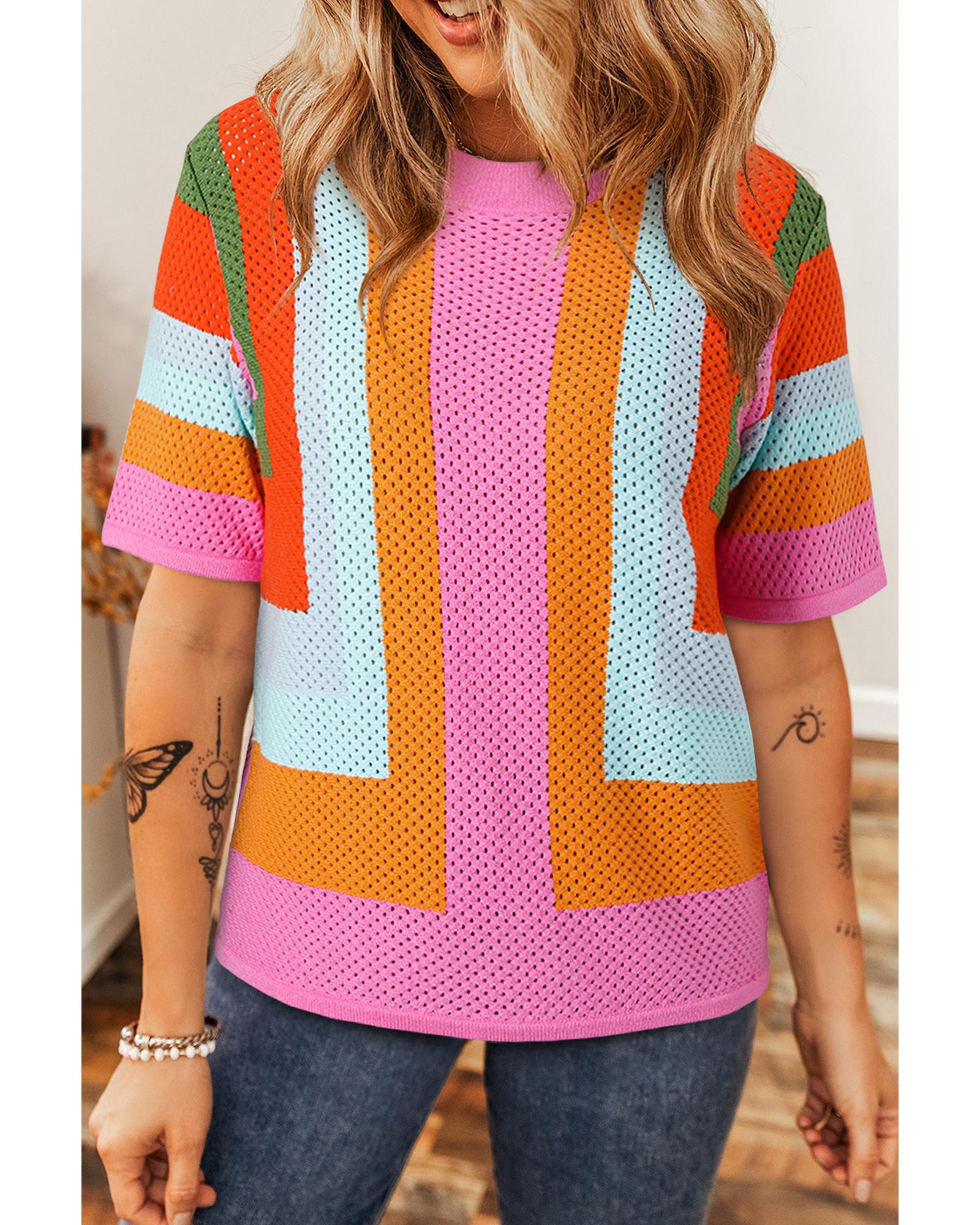 V539-AZEXDC277878-P1422-S-202506140916-00 Orange Color Block Eyelet Casual Sweater T Shirt - S - Image 1