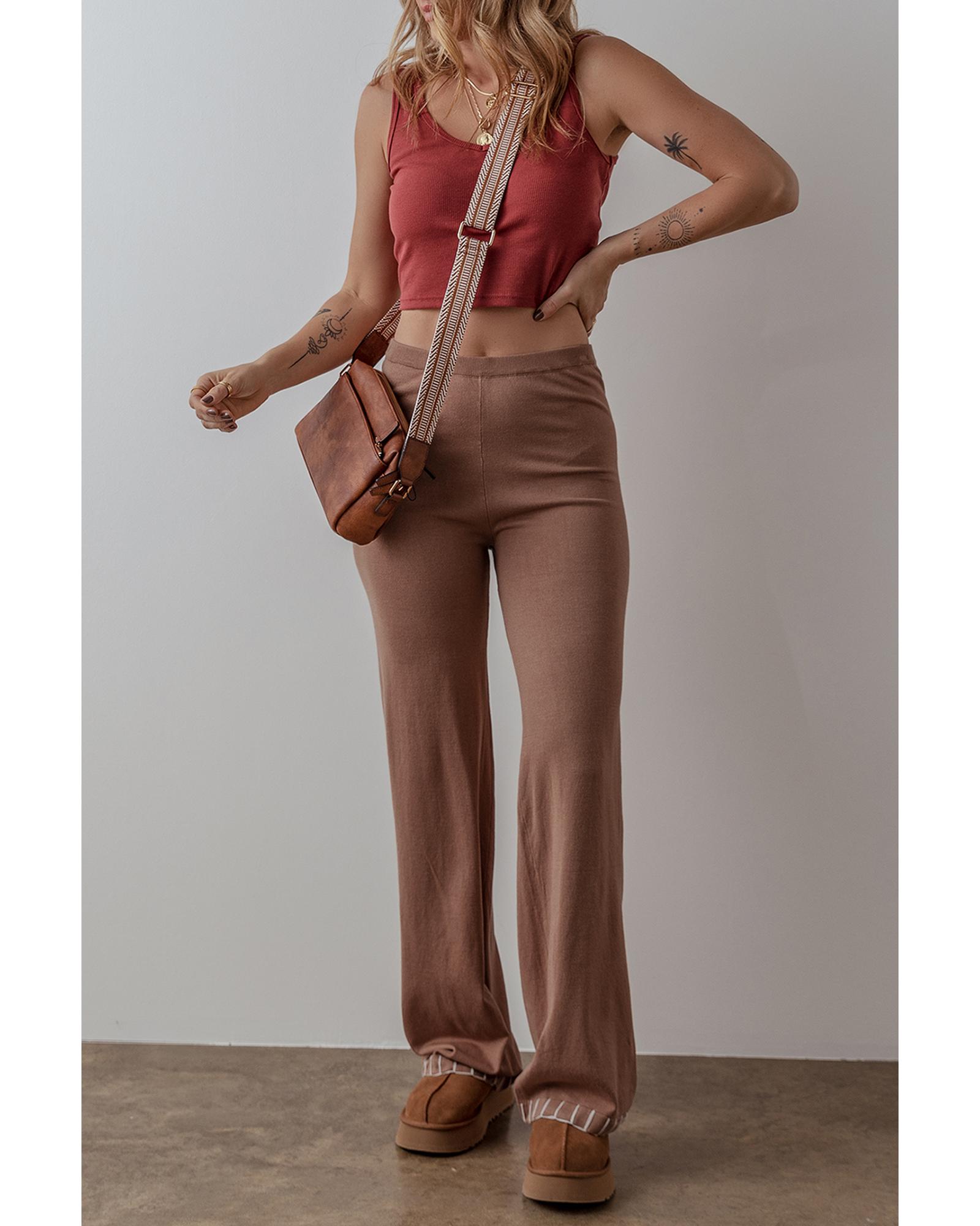 V539-AZEXDC278014-P8016-L-202508292245-00 Straw Yellow High Waist Straight Leg Knitted Pants - L - Image 1