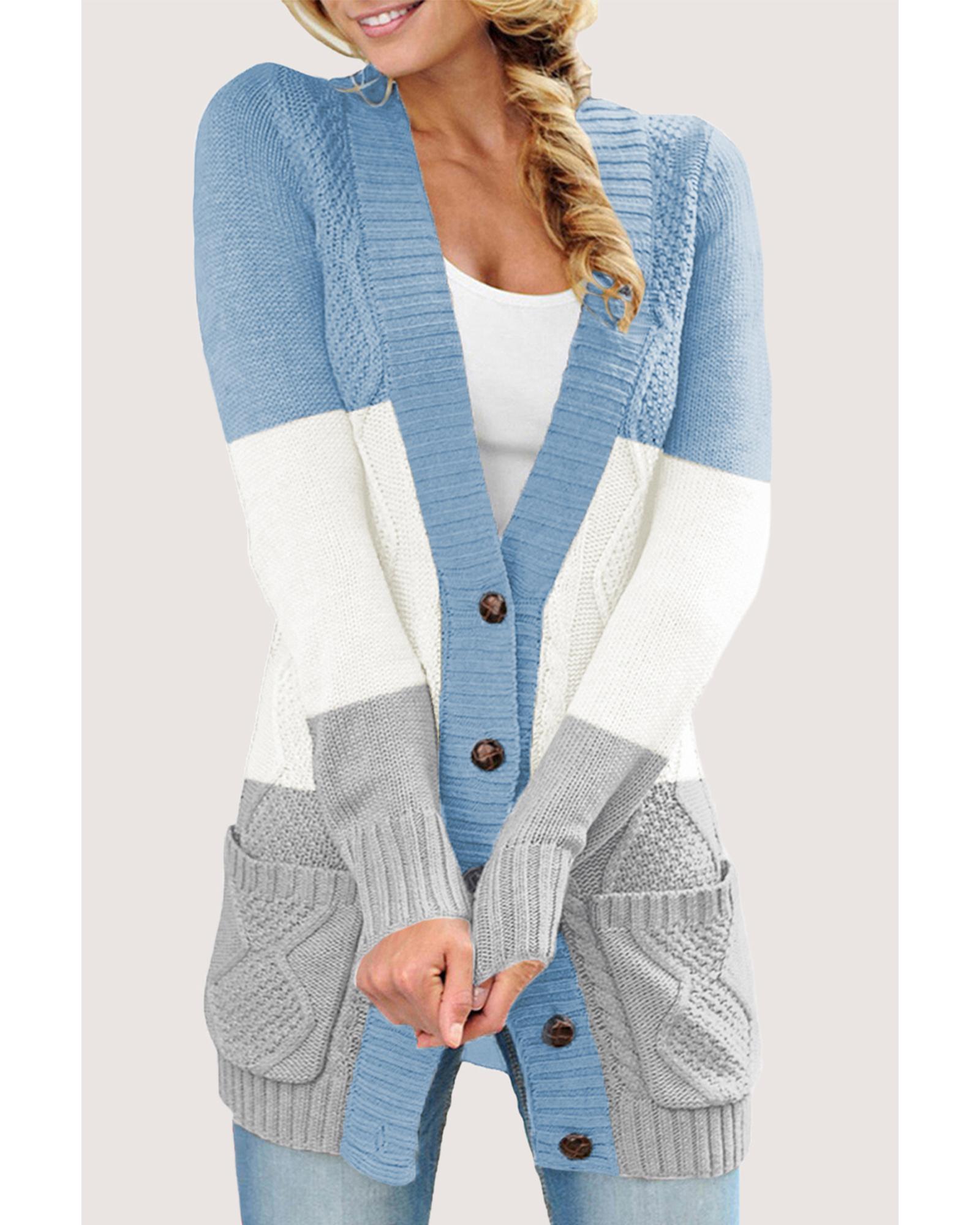 V539-AZEXDC27837-105-S-202508280545-00 Blue Front Pocket and Buttons Closure Cardigan - S - Image 1
