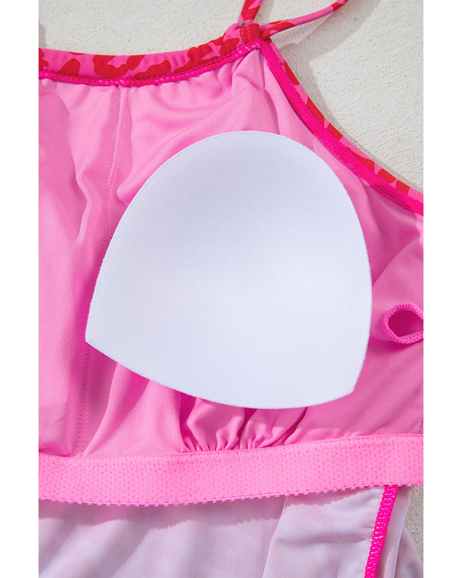 V539-AZEXDC416135-P620-L-202508281000-00 Rose Leopard Drawstring Side Tankini 2pcs Swimsuit - L - Image 1