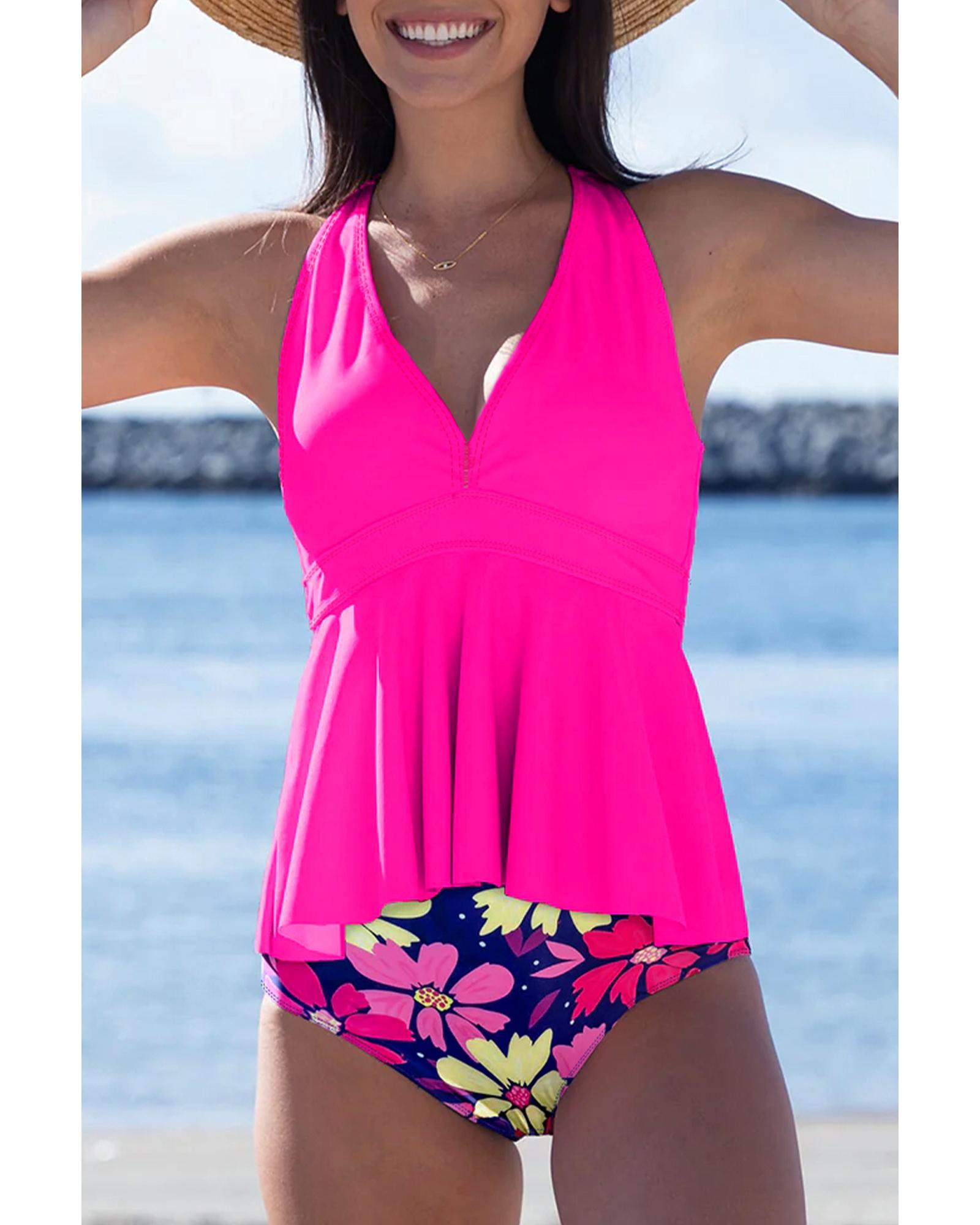 V539-AZEXDC416229-P620-L-202508281525-00 Rose V Neck Ruffled Hem Floral Bottom Tankini Set - L - Image 1