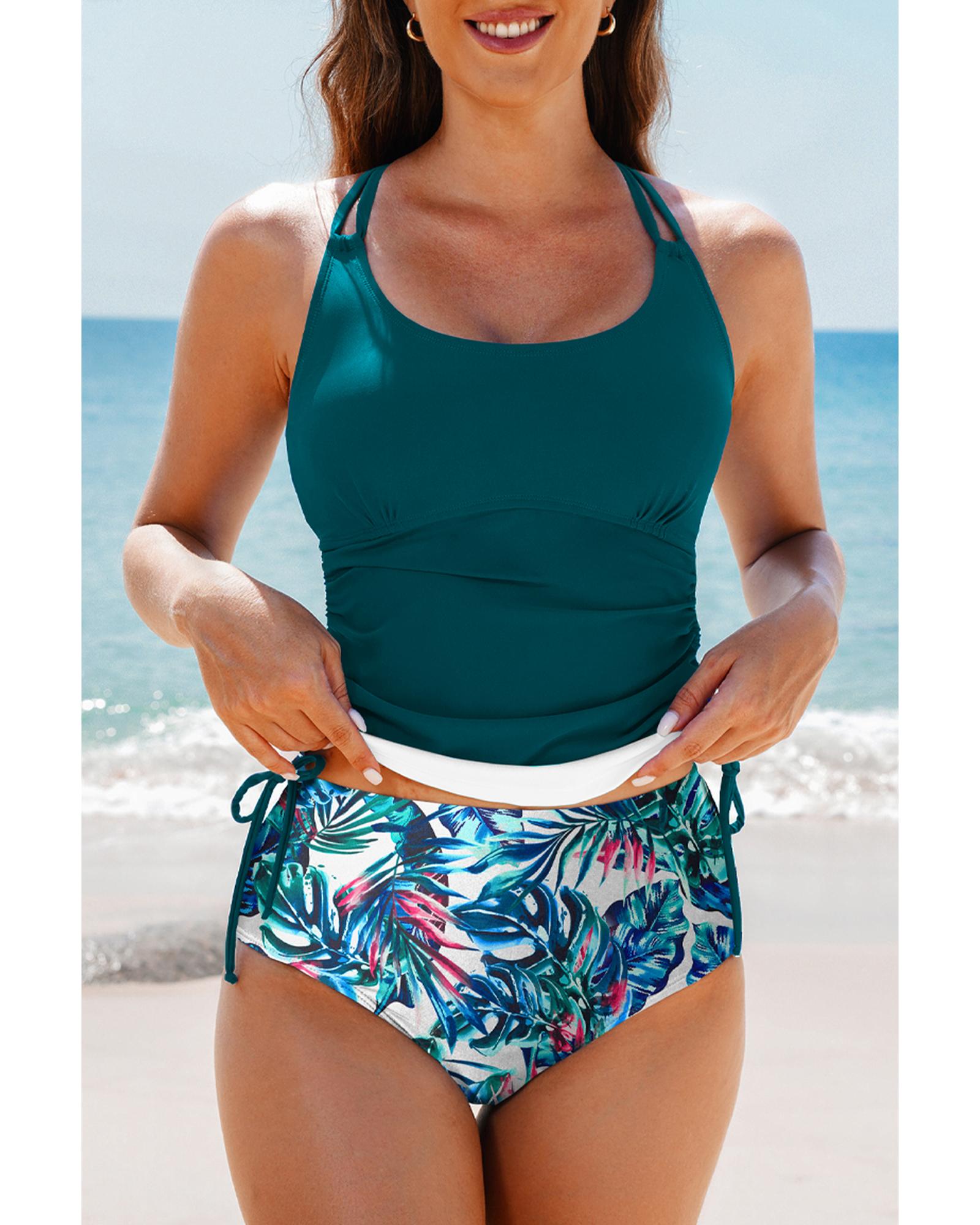 V539-AZEXDC416262-P1709-2XL-202508292325-00 Sea Green Drawstring Tummy Control Mix-and-match 2pcs Tankini Swimsuit - 2XL - Image 1
