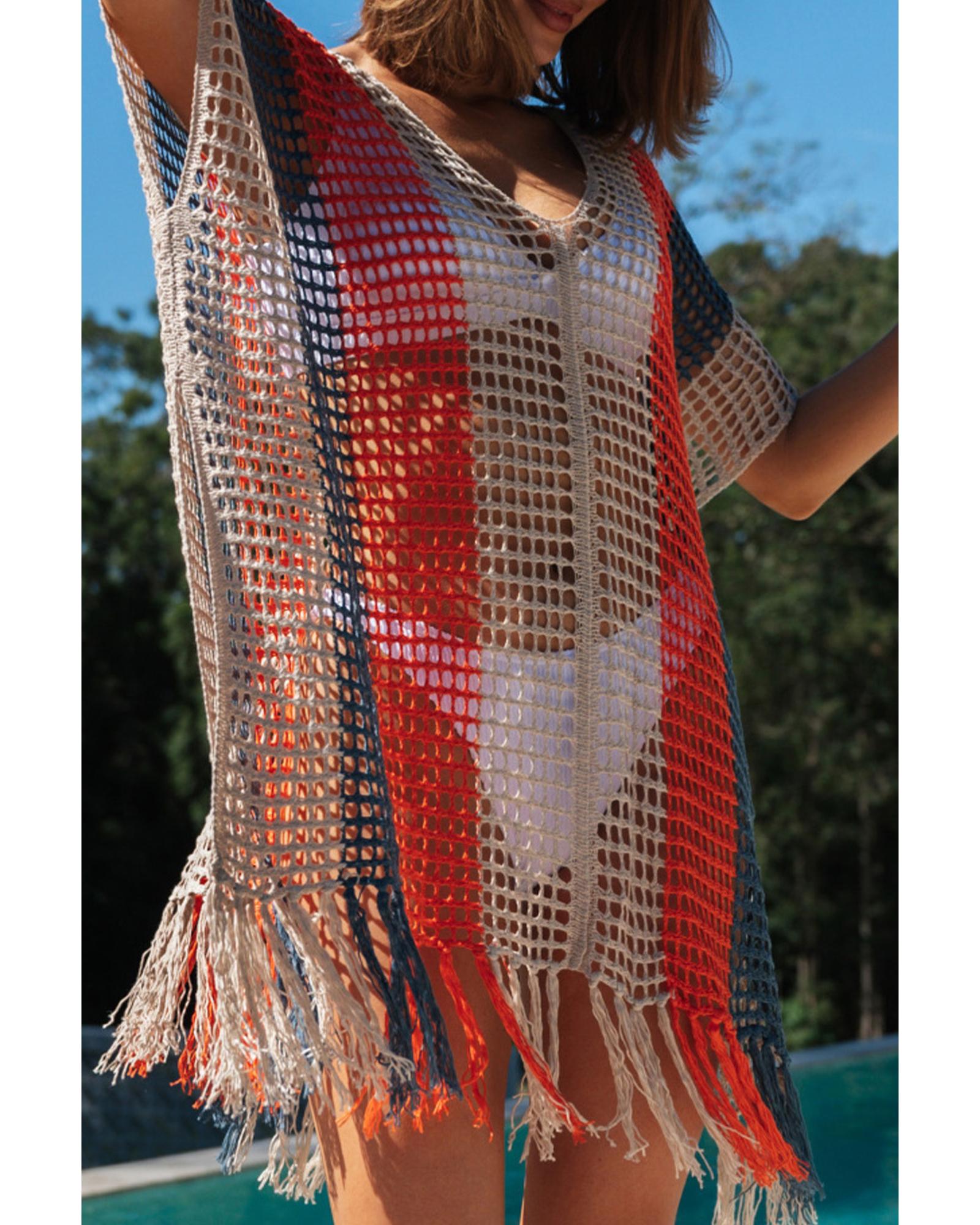 V539-AZEXDC421749-22-L-202508281330-00 Multicolor Striped Tassel Crochet V Neck Beach Cover Up - L - Image 1