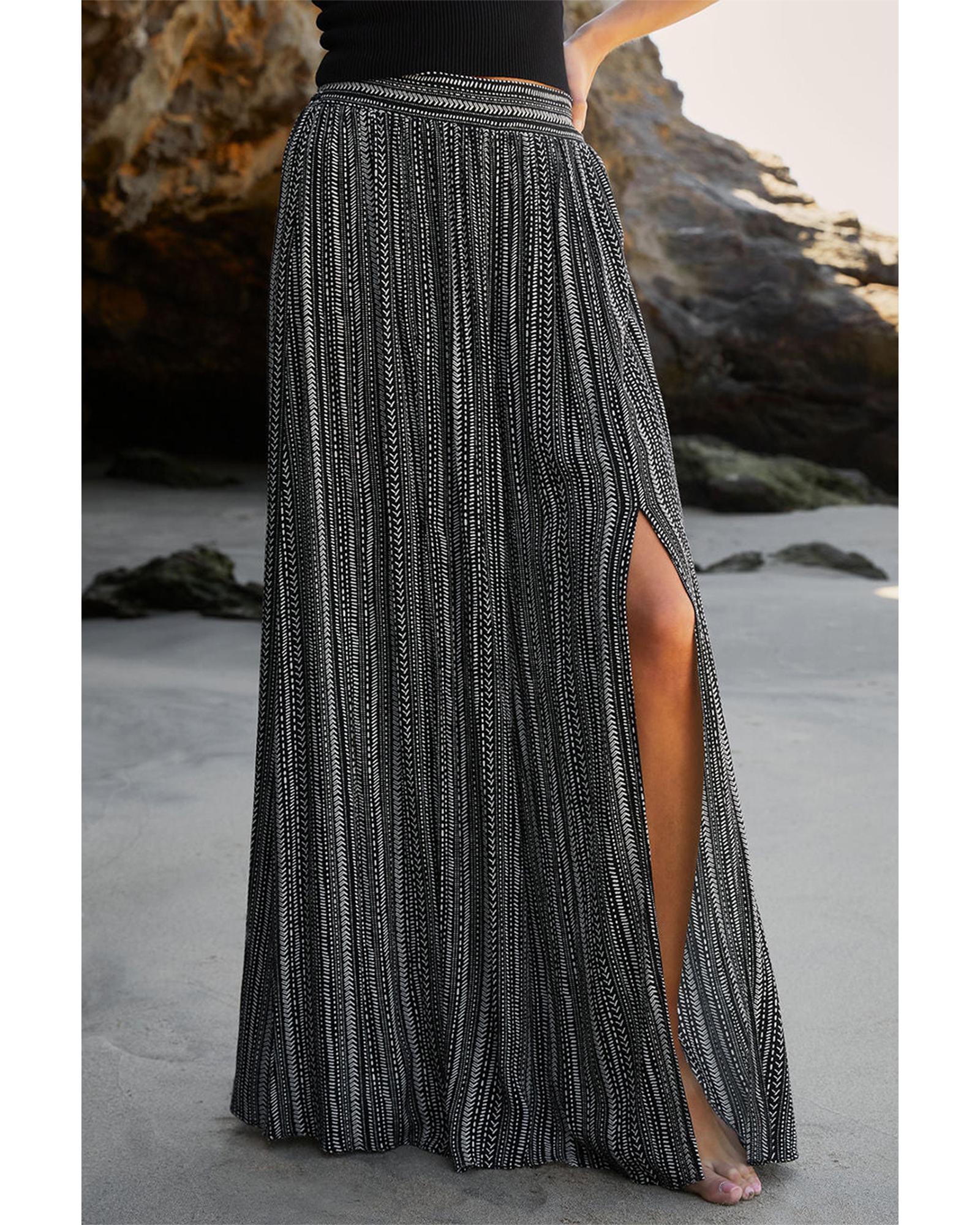 V539-AZEXDC421860-P220-XL-202508291300-00 Black Printed Striped Printed Slit Wide Leg High Waist Pants - XL - Image 1