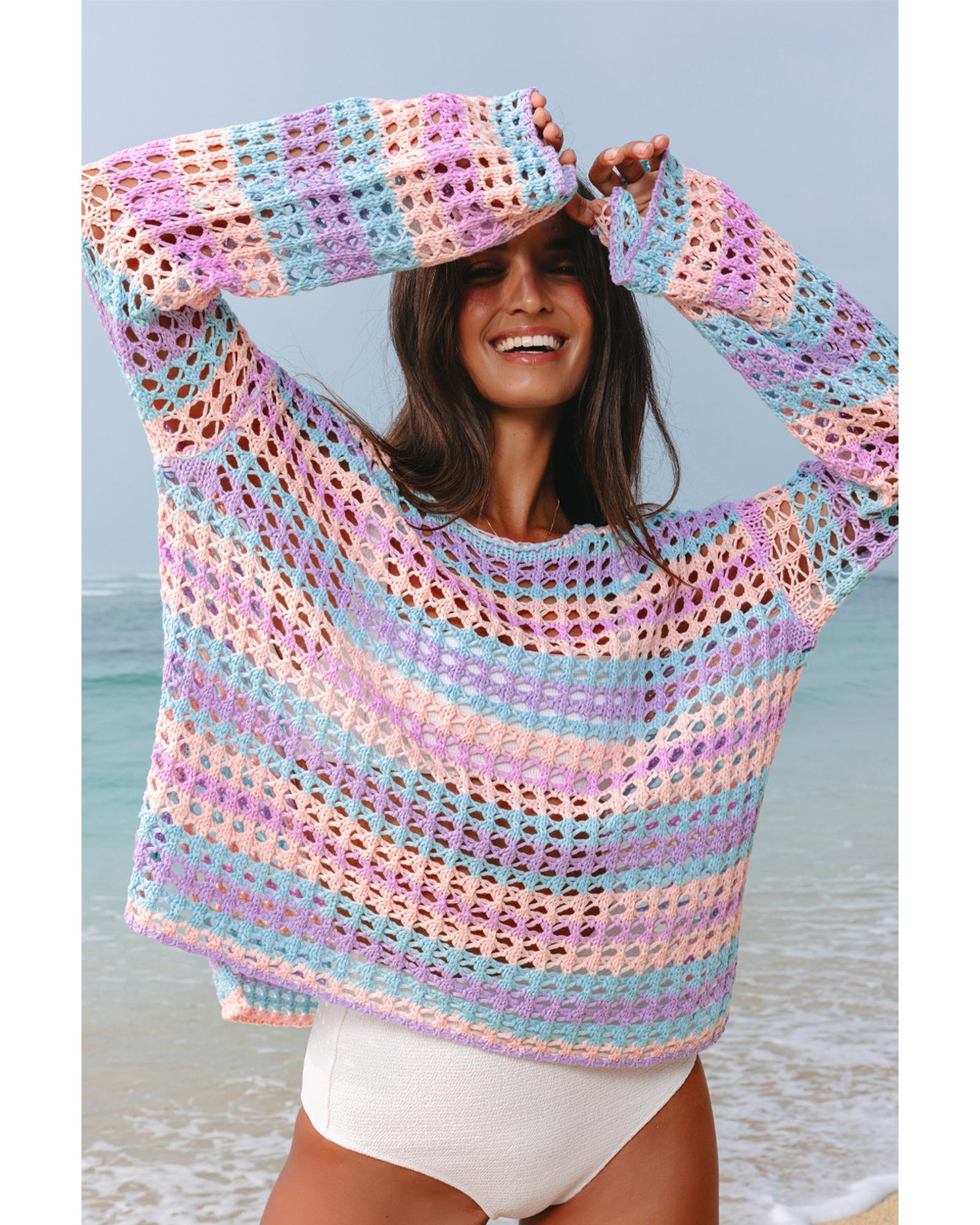 V539-AZEXDC422292-P822-S-202508292255-00 Purple Multi Stripe Open Knit Sweater Beach Cover Up - S - Image 1