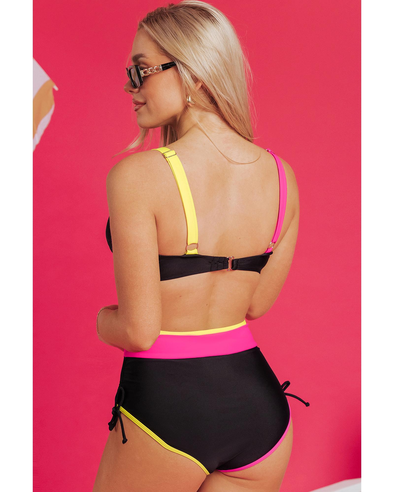V539-AZEXDC434628-P2-2XL-202506141022-00 Black Color Block Drawstring Side V Neck High Waist Bikini Set - 2XL - Image 1