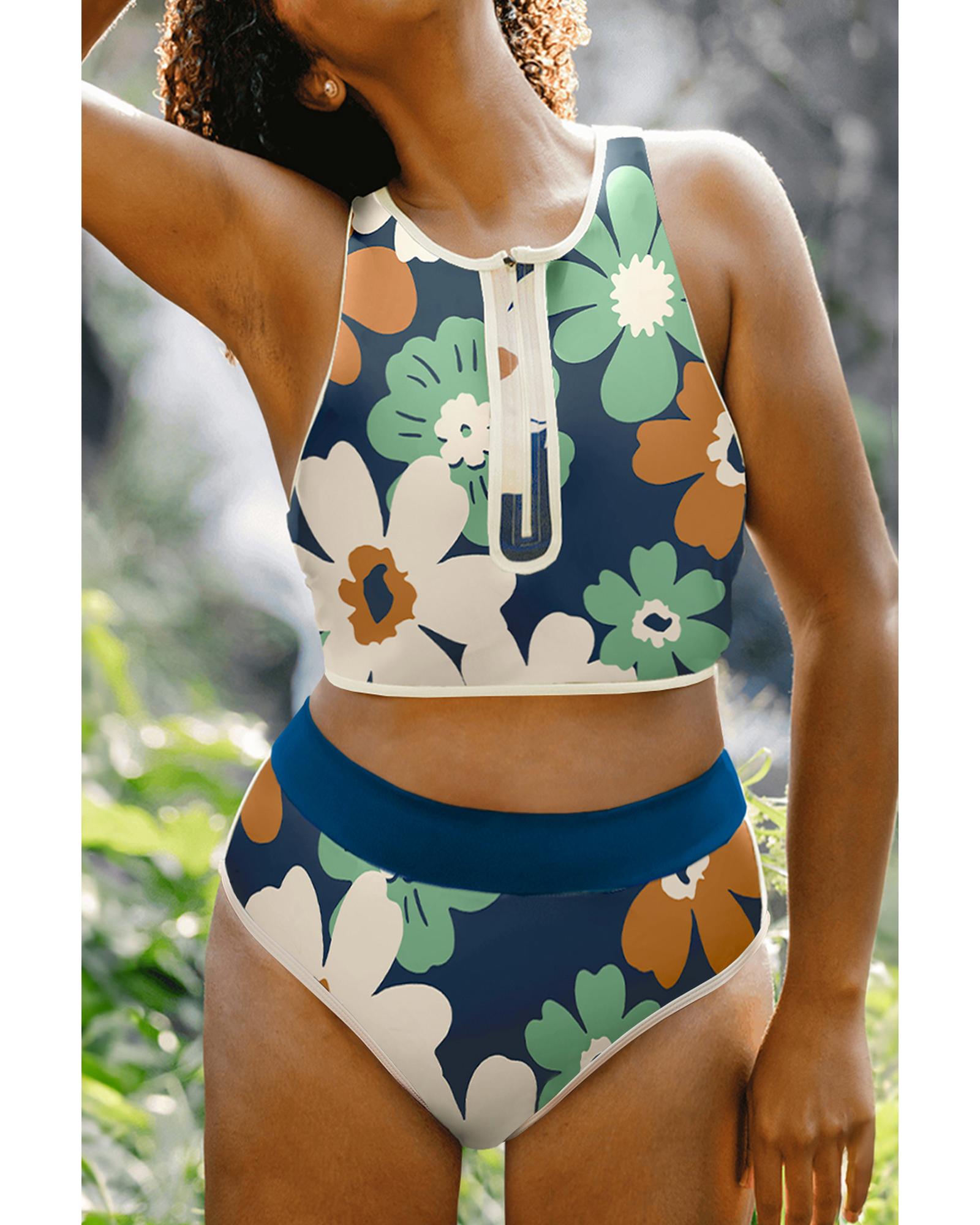 V539-AZEXDC434665-P520-M-202508300410-00 Blue Flower Zip up Racerback High Waisted Bikini - M - Image 1