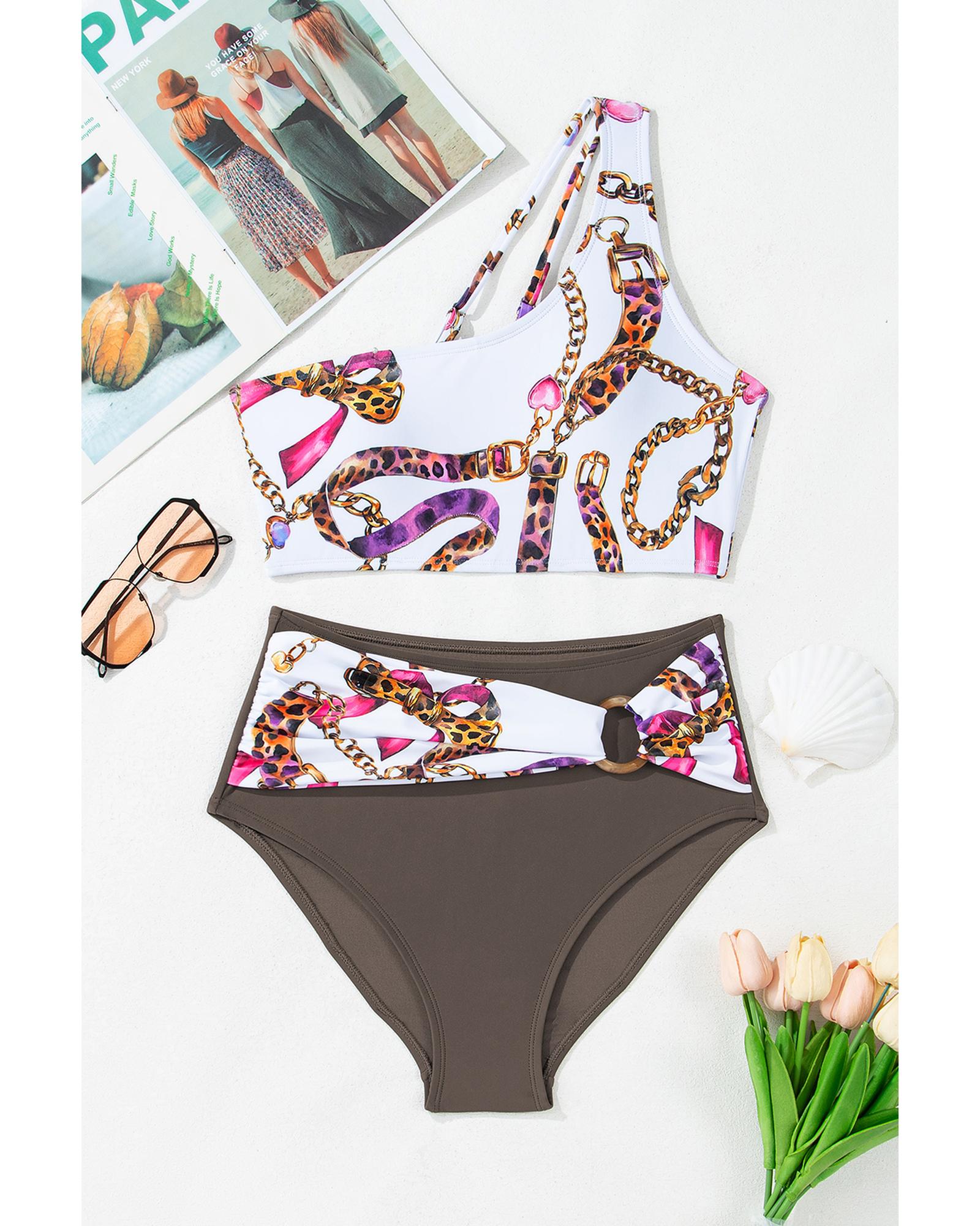 V539-AZEXDC434670-P1620-XL-202508281605-00 Khaki Abstract Print One Shoulder Ring Linked High Waist Bikini - XL - Image 1