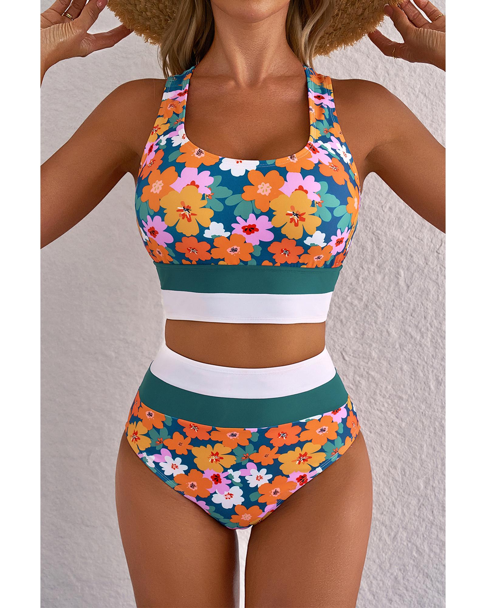 V539-AZEXDC434732-P10920-L-202508291905-00 Green Floral Print Racerback Cutout High Waist 2pcs Bikini - L - Image 1