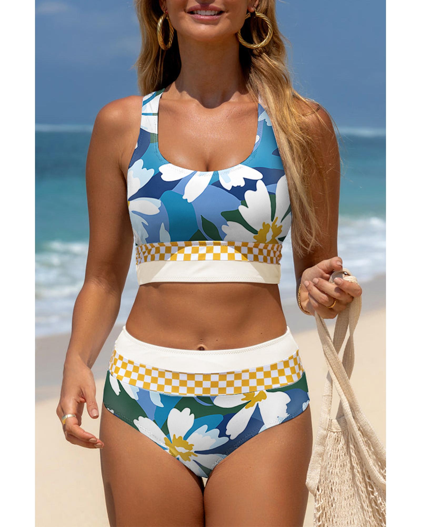 V539-AZEXDC434732-P920-2XL-202508300110-00 Green Floral Print Racerback Cutout High Waist 2pcs Bikini - 2XL - Image 1