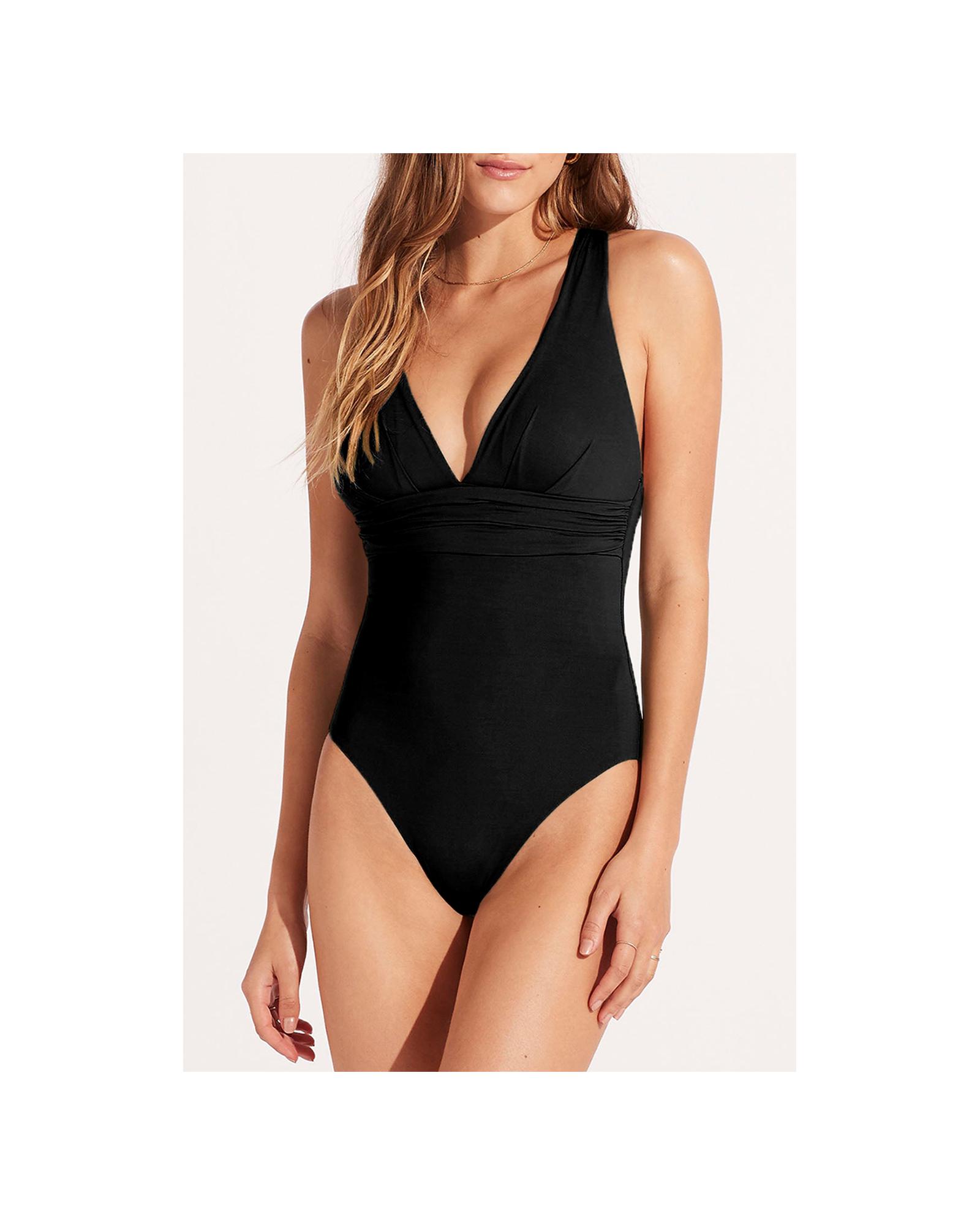 V539-AZEXDC443742-P2-S-202506140727-00 Black Deep V Neck Crossover Backless Ruched High Cut Monokini - S - Image 1