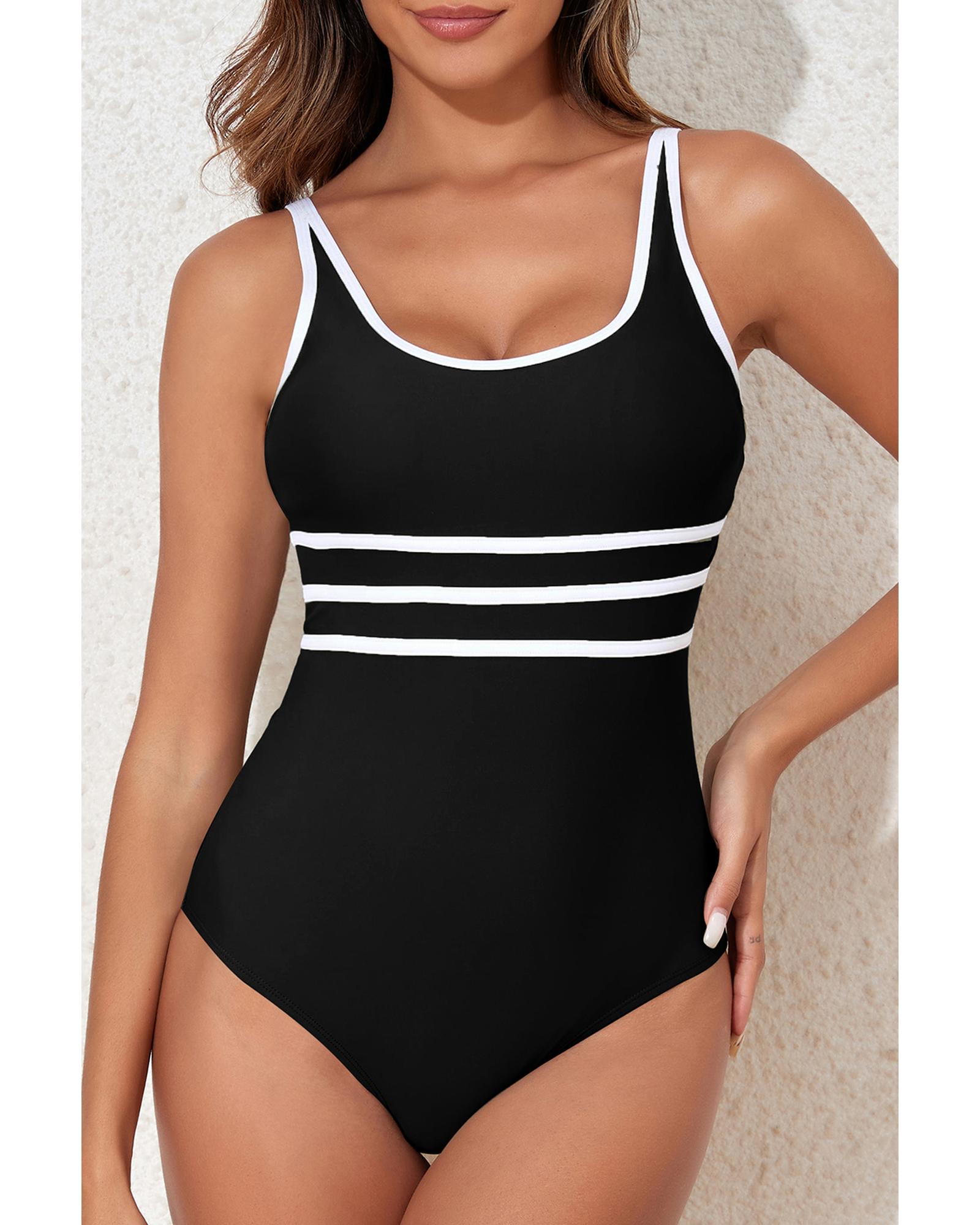 V539-AZEXDC443755-P2-XL-202508281040-00 Black Contrast Trim Colorblock U Neck One Piece Swimwear - XL - Image 1