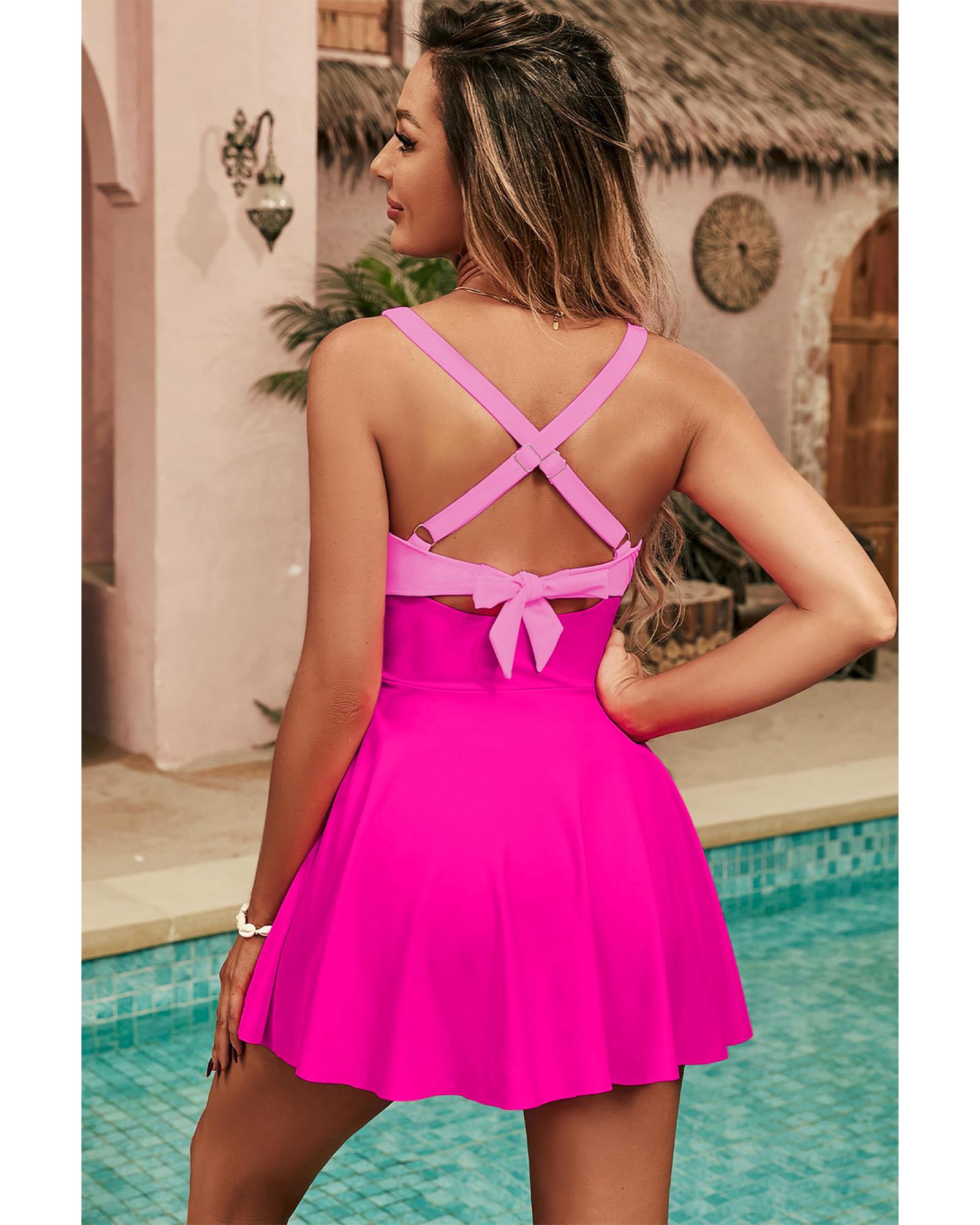 V539-AZEXDC443825-P6-M-202508292155-00 Rose Red Crisscross Straps Tie Back Flared One Piece Swimsuit - M - Image 1