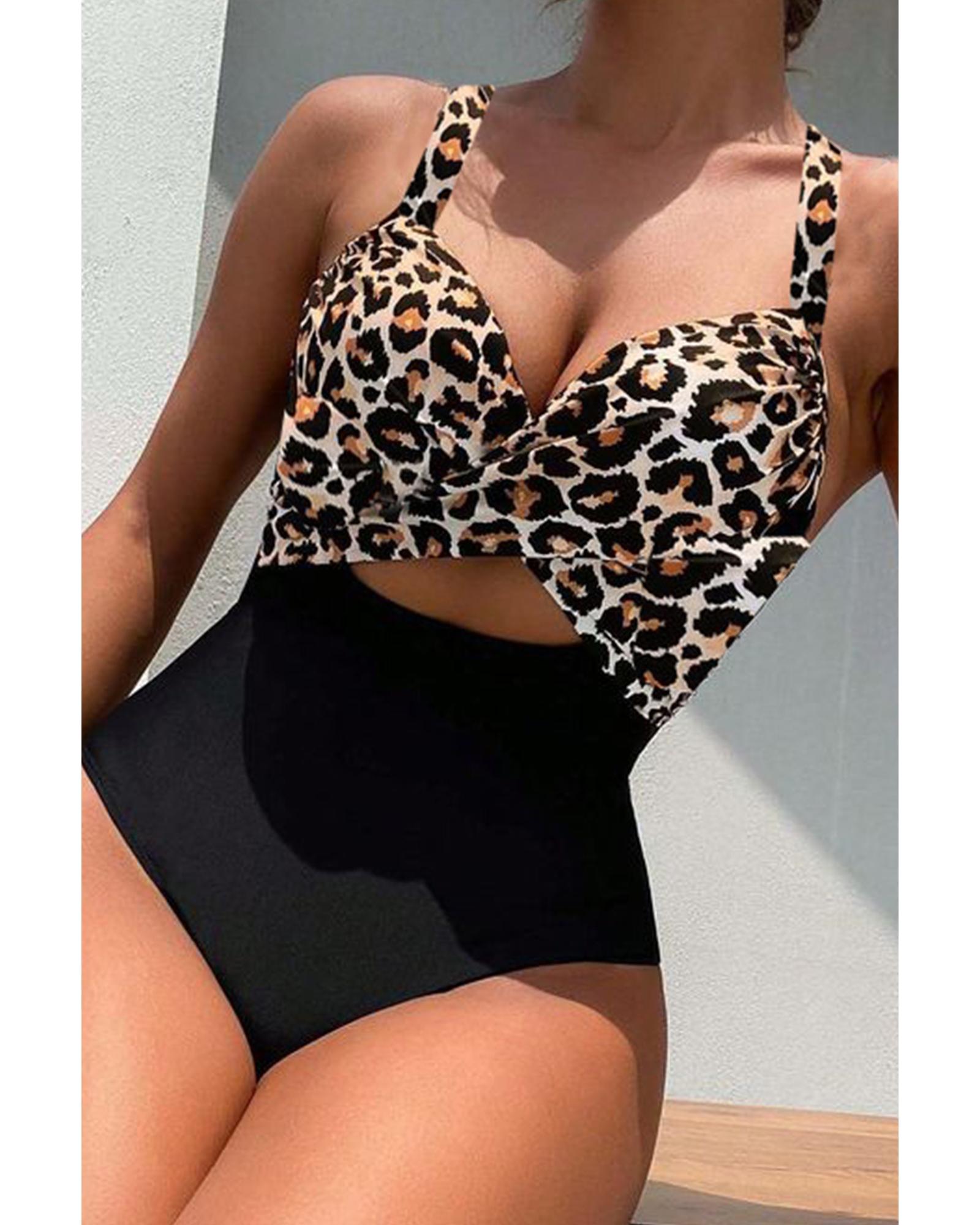 V539-AZEXDC443893-P220-S-202506140815-00 Black Leopard 2-tone Crossed Cutout Backless Monokini - S - Image 1
