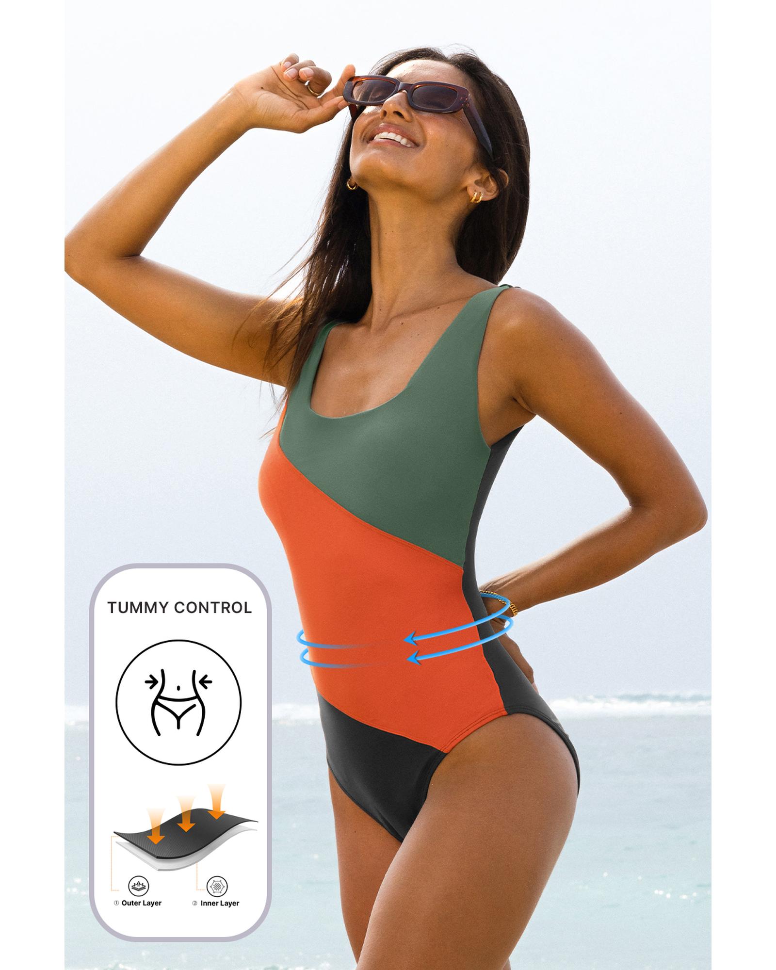 V539-AZEXDC444294-P1309-XL-202508281430-00 Duffel Green Color Block Padded Square Neck One Piece Swimsuit - XL - Image 1