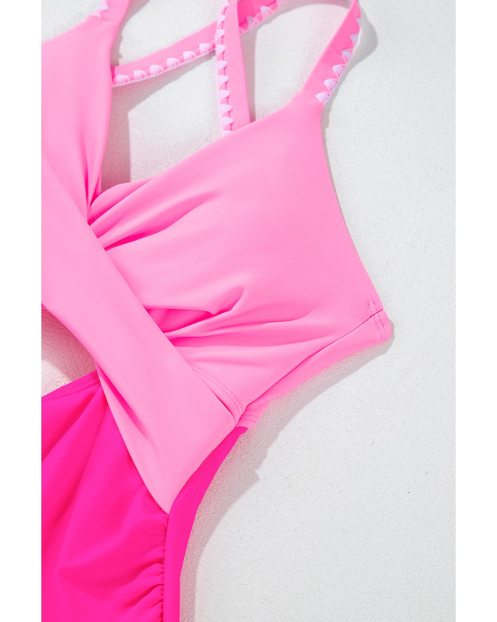 V539-AZEXDC444337-P6-M-202508292155-00 Rose Red Ric Rac Trim Contrasted Patchwork Cutout One Piece Swimsuit - M - Image 1