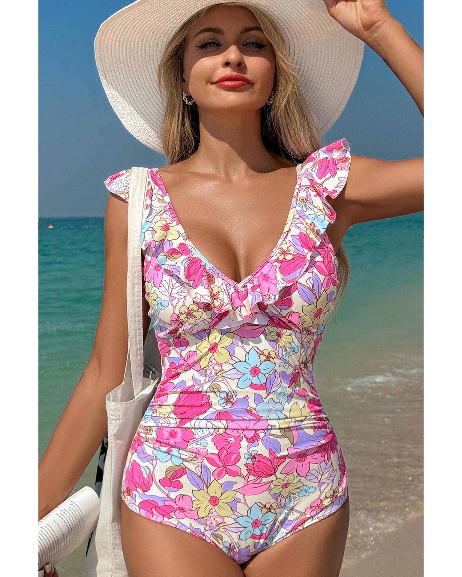 V539-AZEXDC444421-P1020-XL-202506141416-00 Pink Floral Ruffle Trim V Neck Lace-up Back Tummy Control One Piece Swimsuit - XL - Image 1