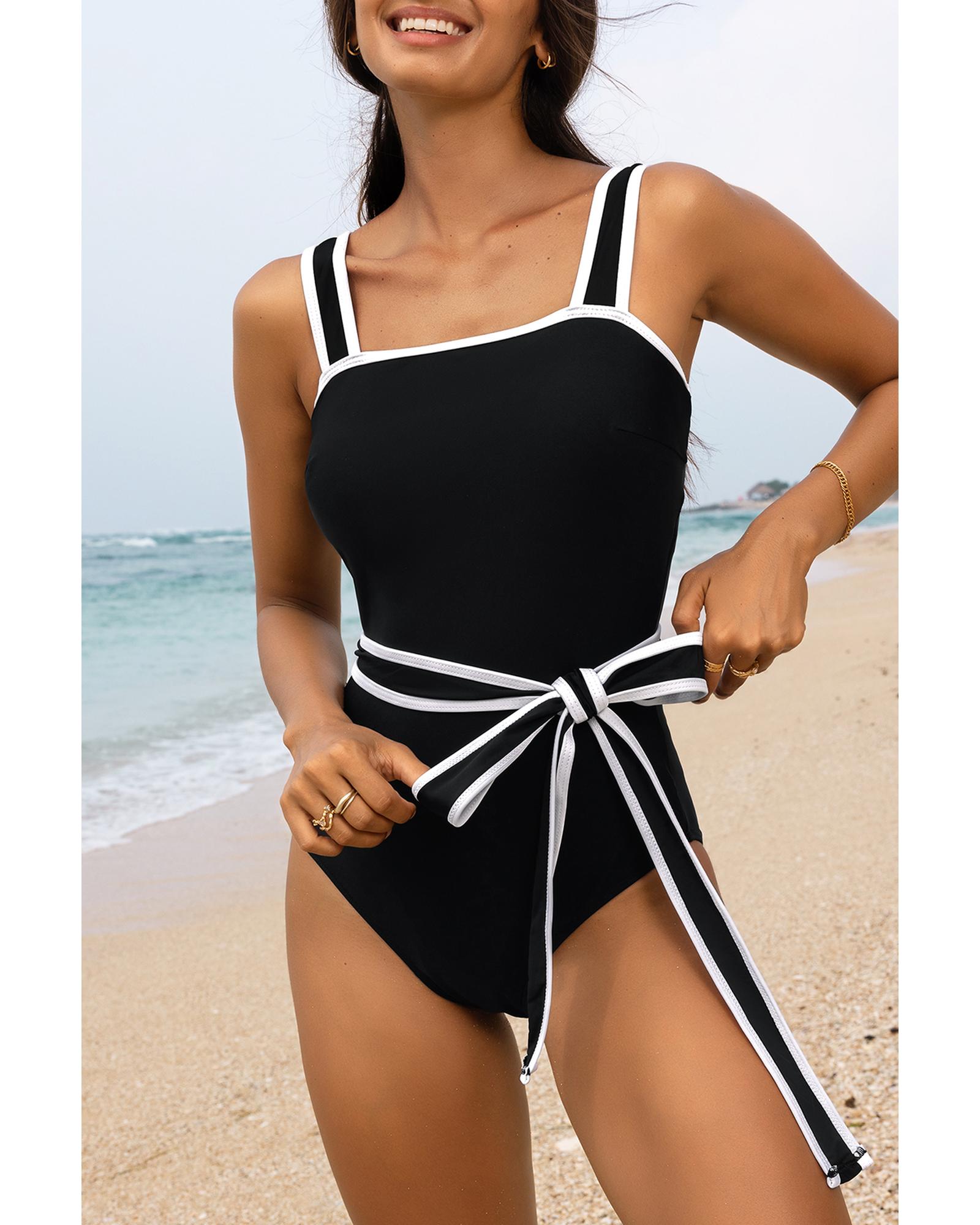 V539-AZEXDC444442-P2-L-202508280900-00 Black Colorblock Edge Belted One Piece Swimsuit - L - Image 1