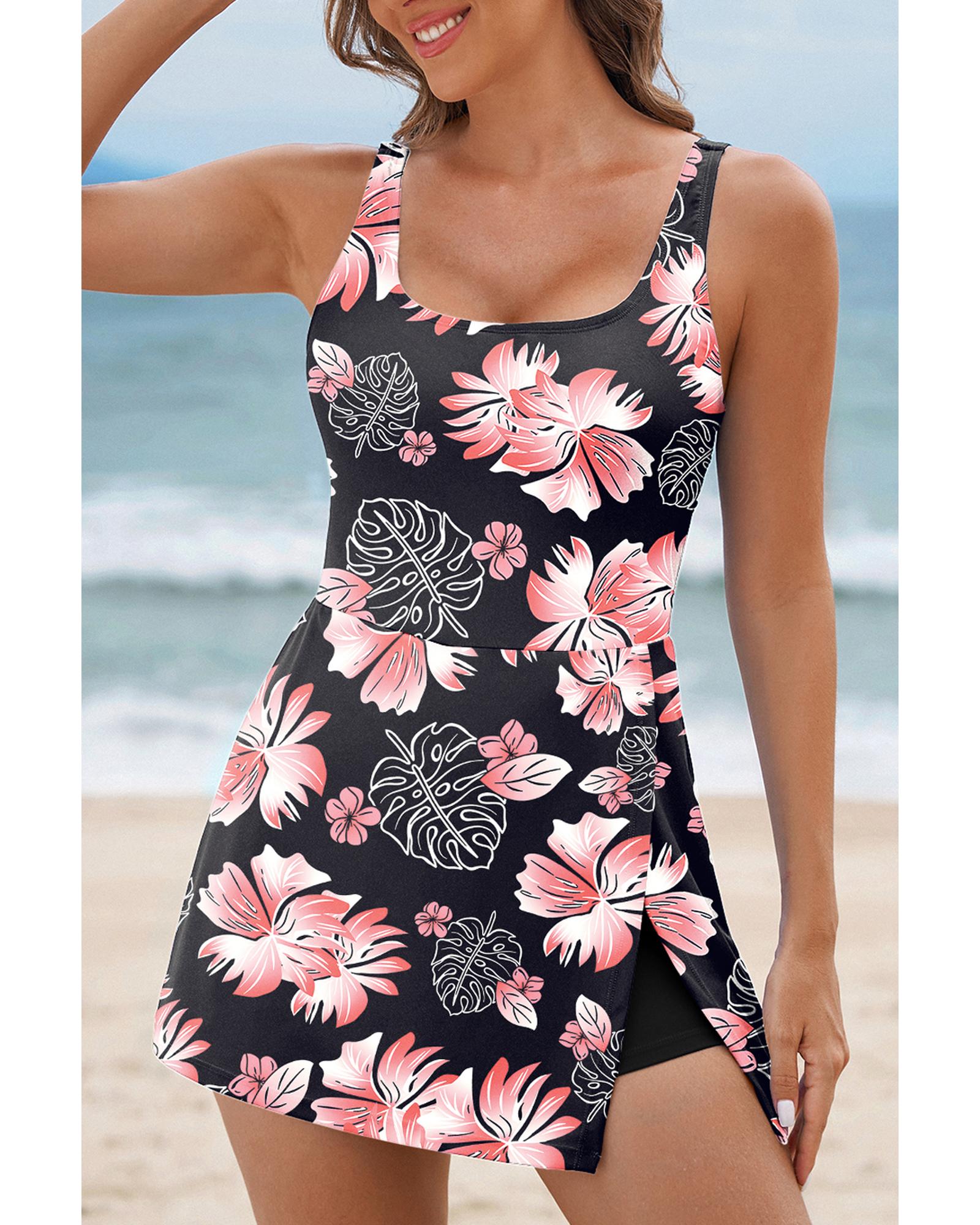 V539-AZEXDC444453-P220-2XL-202508282030-00 Black Floral Print Twisted Hollowed Back Swim Dress - 2XL - Image 1