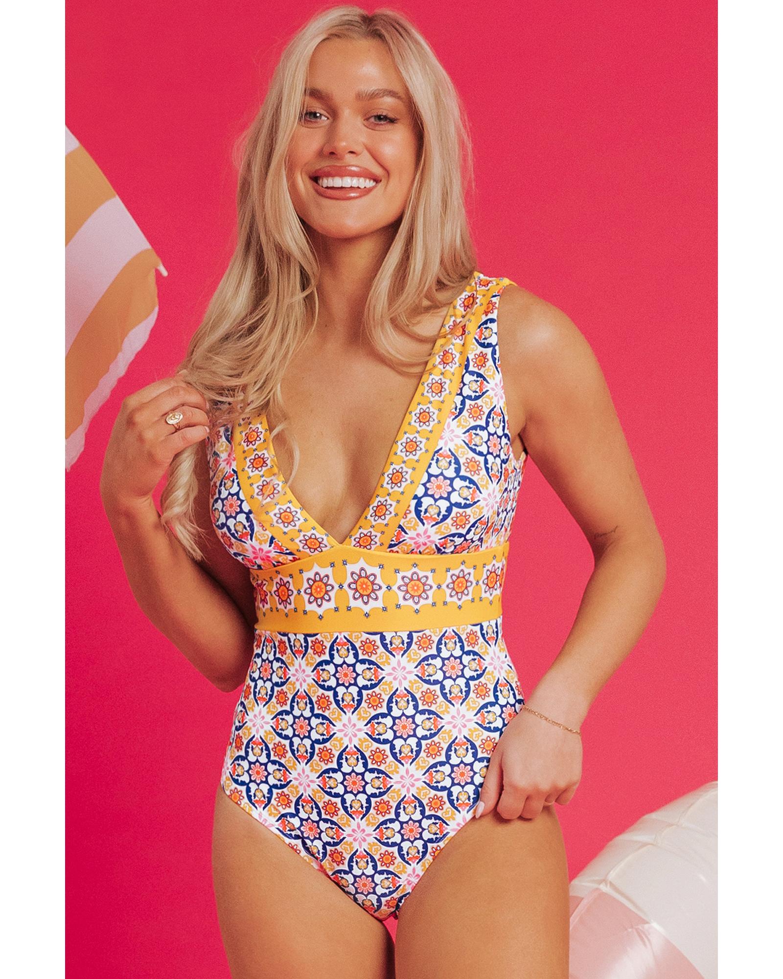V539-AZEXDC444597-P720-S-202506141446-00 Yellow Floral Print V Neck One Piece Swimsuit - S - Image 1