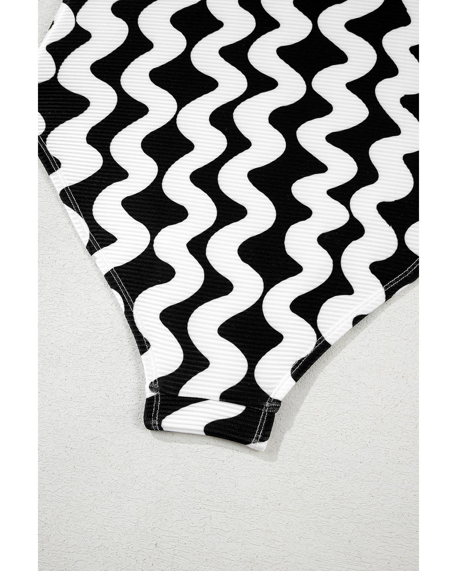 V539-AZEXDC444613-P219-L-202508280630-00 Black Stripe Bowknot Ricrac Print V Neck Low Back Cut One Piece Swimsuit - L - Image 1