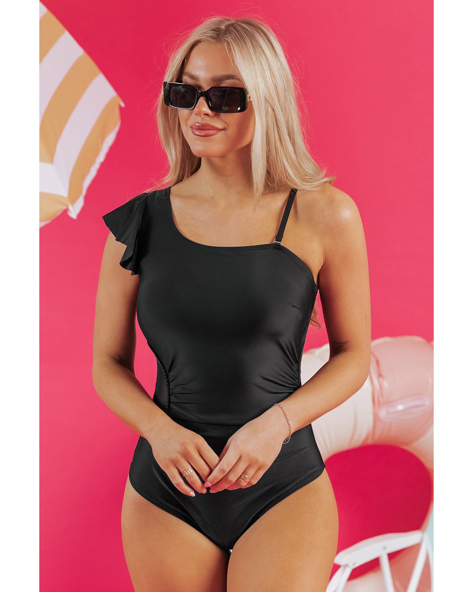 V539-AZEXDC444624-P2-M-202508282010-00 Black Asymmetric Ruffle Shoulder Pleated One Piece Swimsuit - M - Image 1