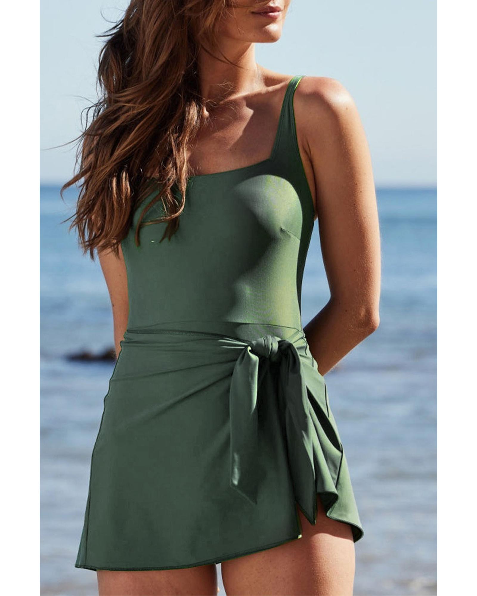 V539-AZEXDC444645-P509-2XL-202508281640-00 Mist Green Side Tied Waist Square Neck Adjustable Straps A-line One Piece Swim Dress - 2XL - Image 1