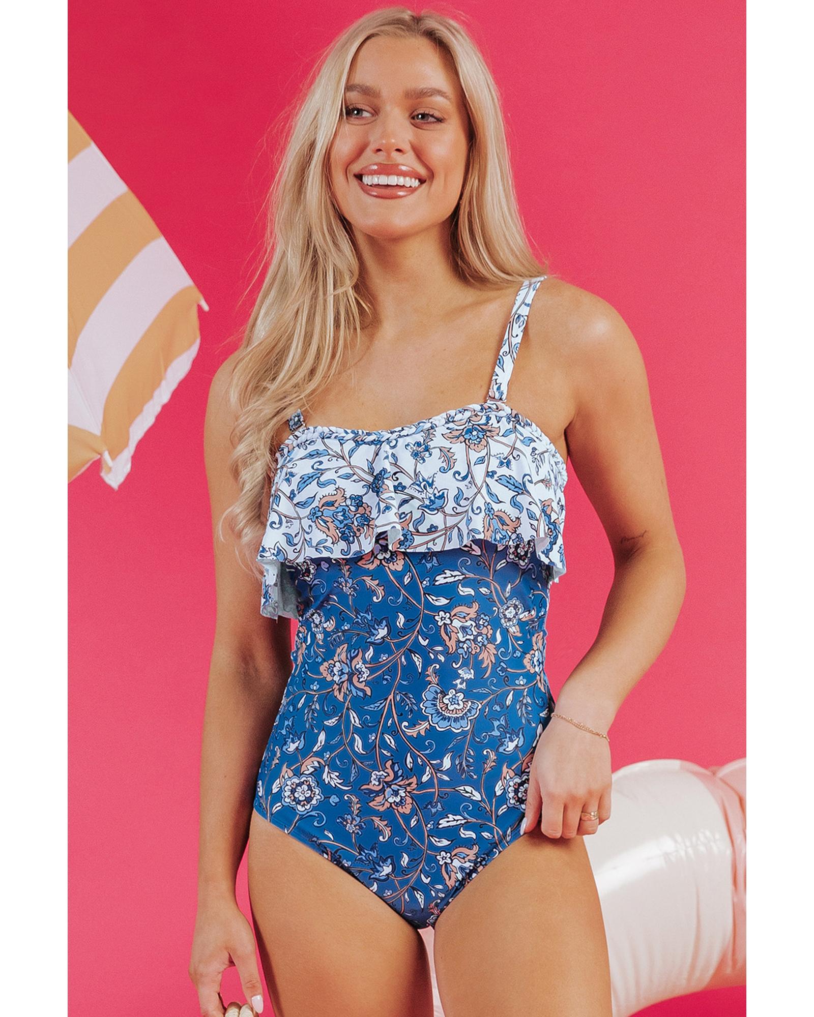 V539-AZEXDC444650-P420-M-202508290250-00 Sky Blue Floral Printed Ruffle Removable Strap One Piece Swimsuit - M - Image 1
