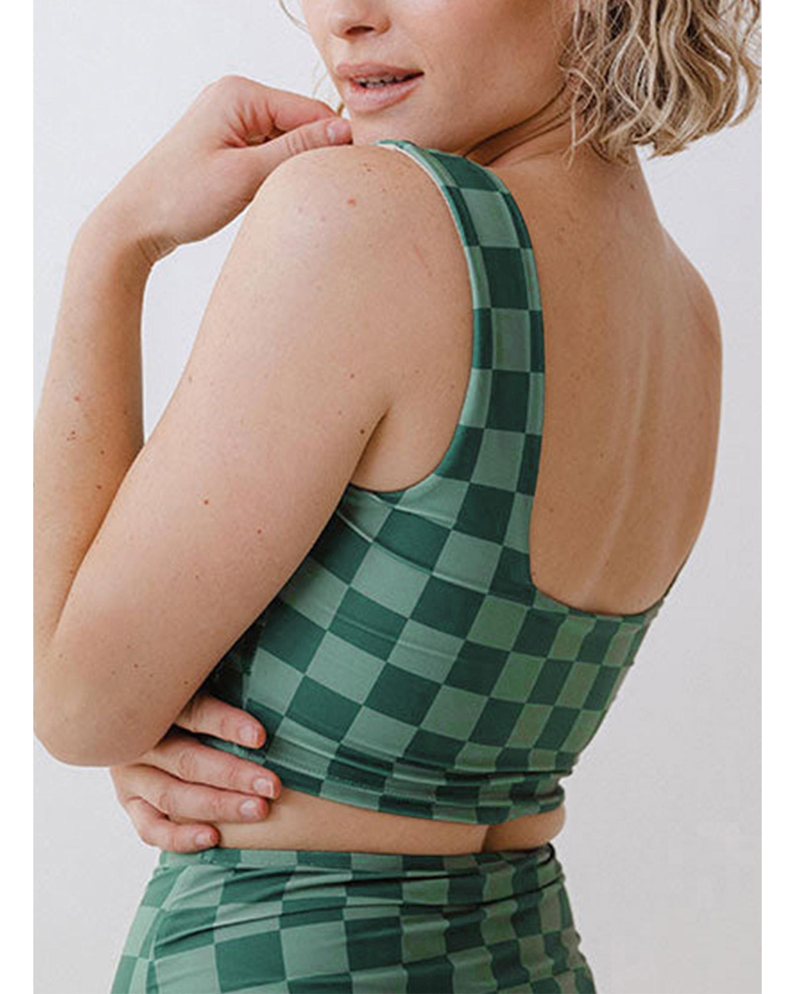 V539-AZEXDC46268-P920-XL-202506141141-00 Green Checkered Print Square Neck Cropped Swim Top - XL - Image 1