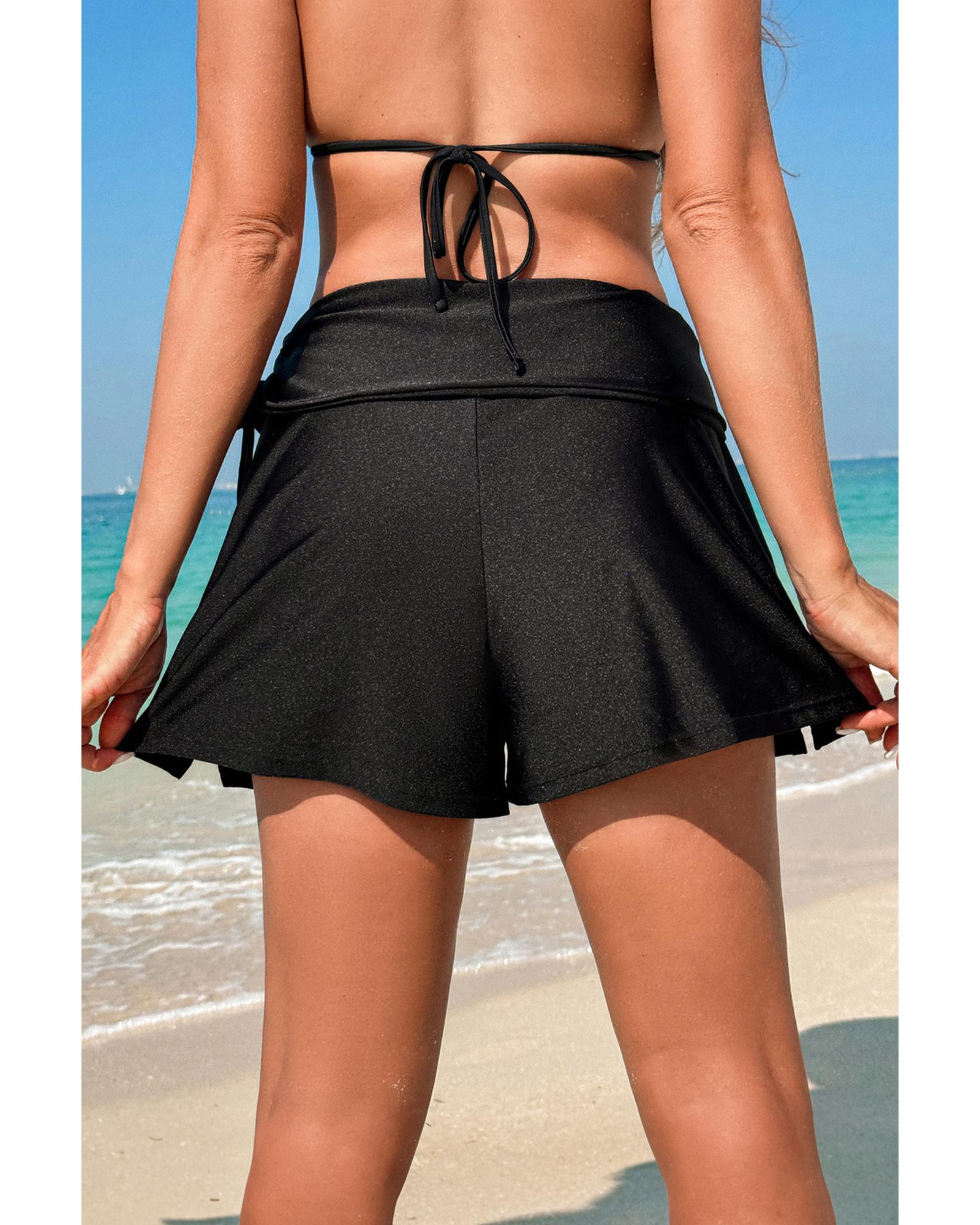 V539-AZEXDC472390-P2-L-202508280110-00 Black Drawstring Ruched High Waist Loose Swim Shorts - L - Image 1