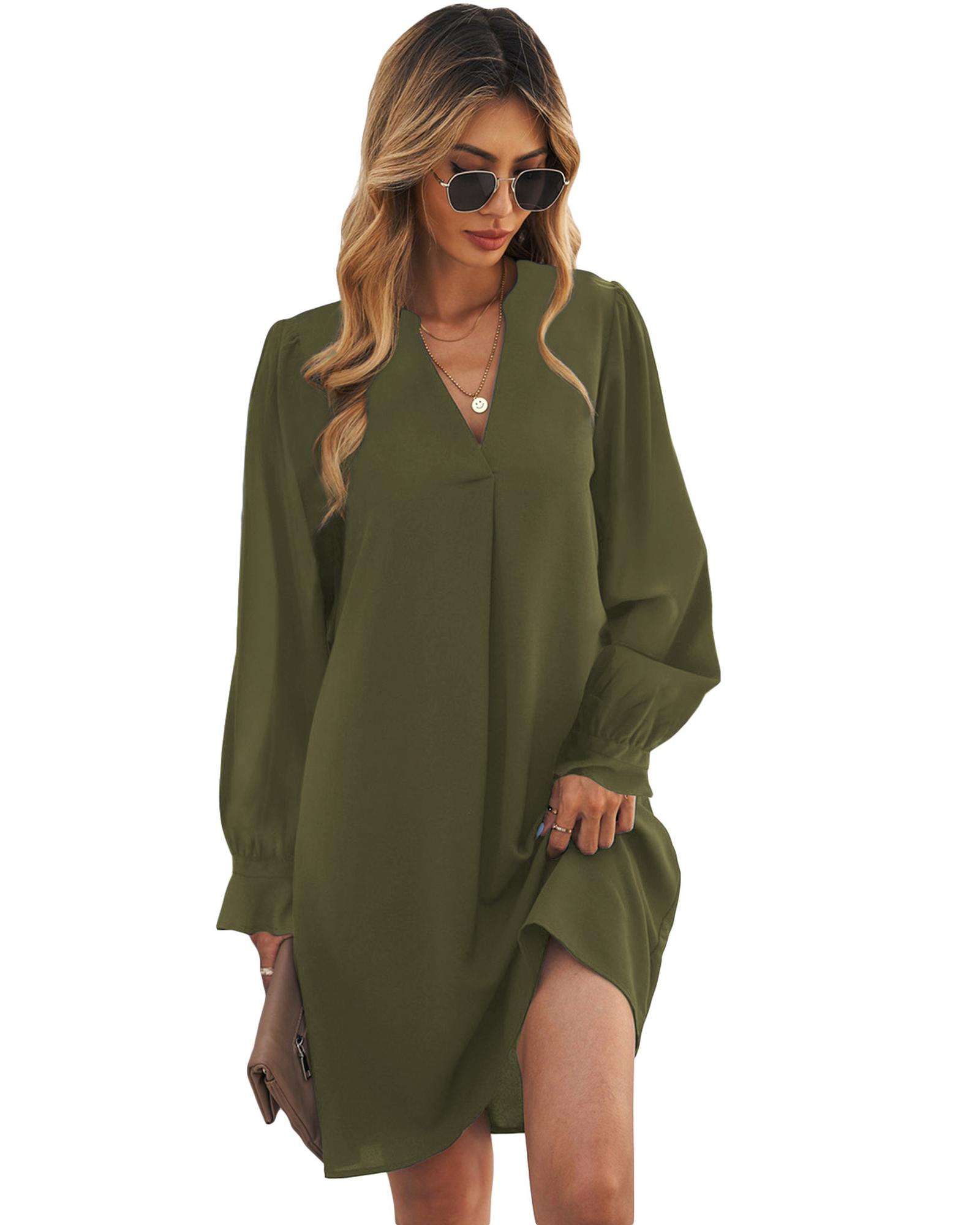V539-AZEXDC6111328-9-S-202506141307-00 Azura Exchange Green Split V Neck Ruffled Sleeves Shirt Dress - S - Image 1