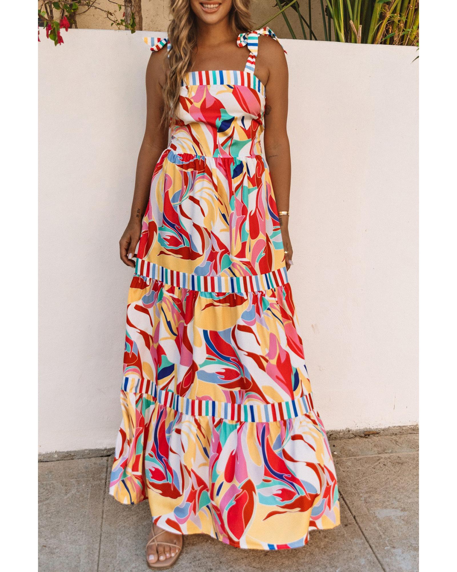 V539-AZEXDC6112858-22-XL-202508290240-00 Multicolor Abstract Print Striped Trim Maxi Sundress - XL - Image 1
