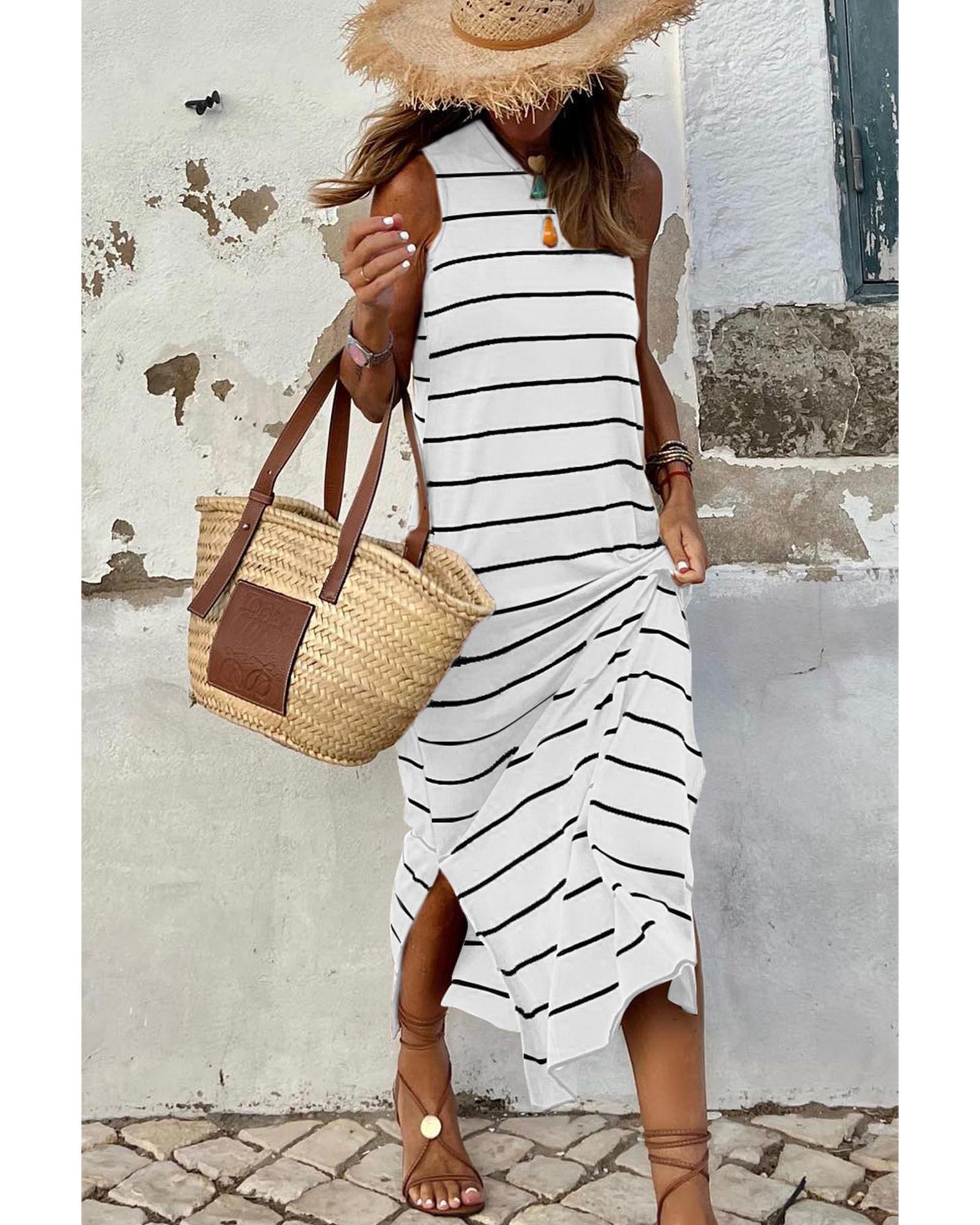 V539-AZEXDC6113424-1-S-202506141341-00 White Stripe Print Open Back Sleeveless Maxi Dress with Slits - S - Image 1