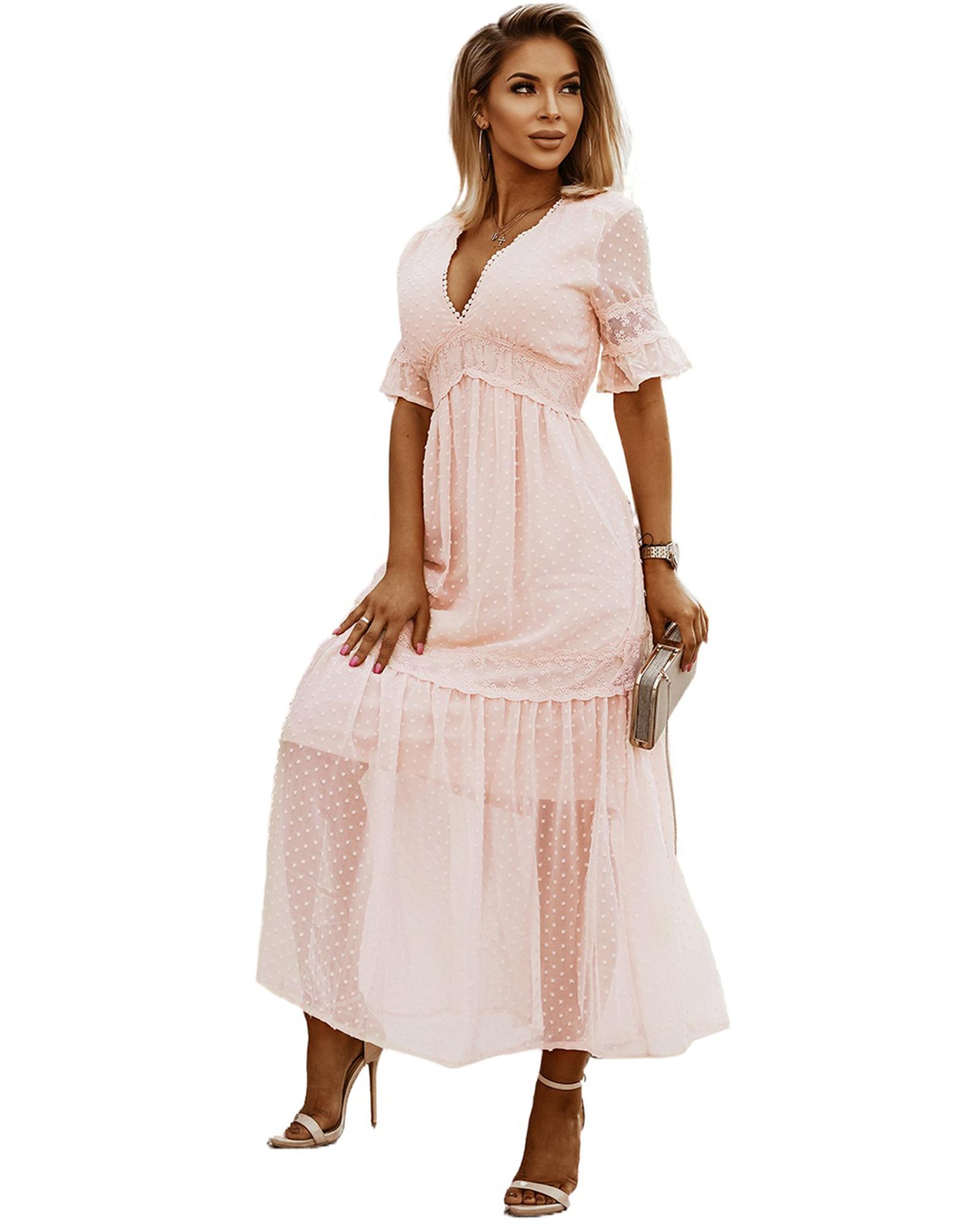 V539-AZEXDC611811-10-S-202506141211-00 Swiss Dot Lace Trim Maxi Dress - S - Image 1