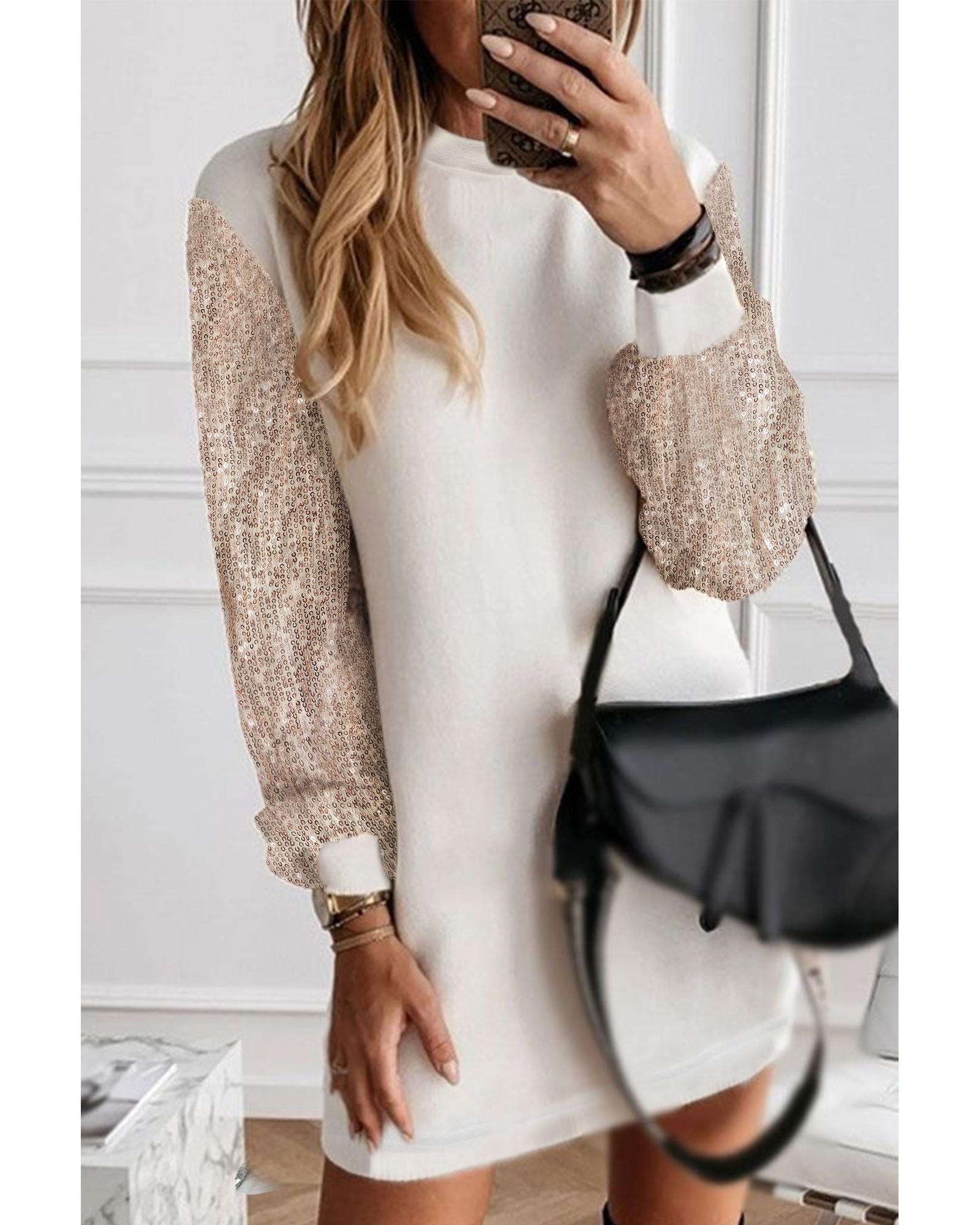 V539-AZEXDC6118222-P1-S-202508280940-00 White Sequin Puff Sleeve Shift Mini Dress - S - Image 1