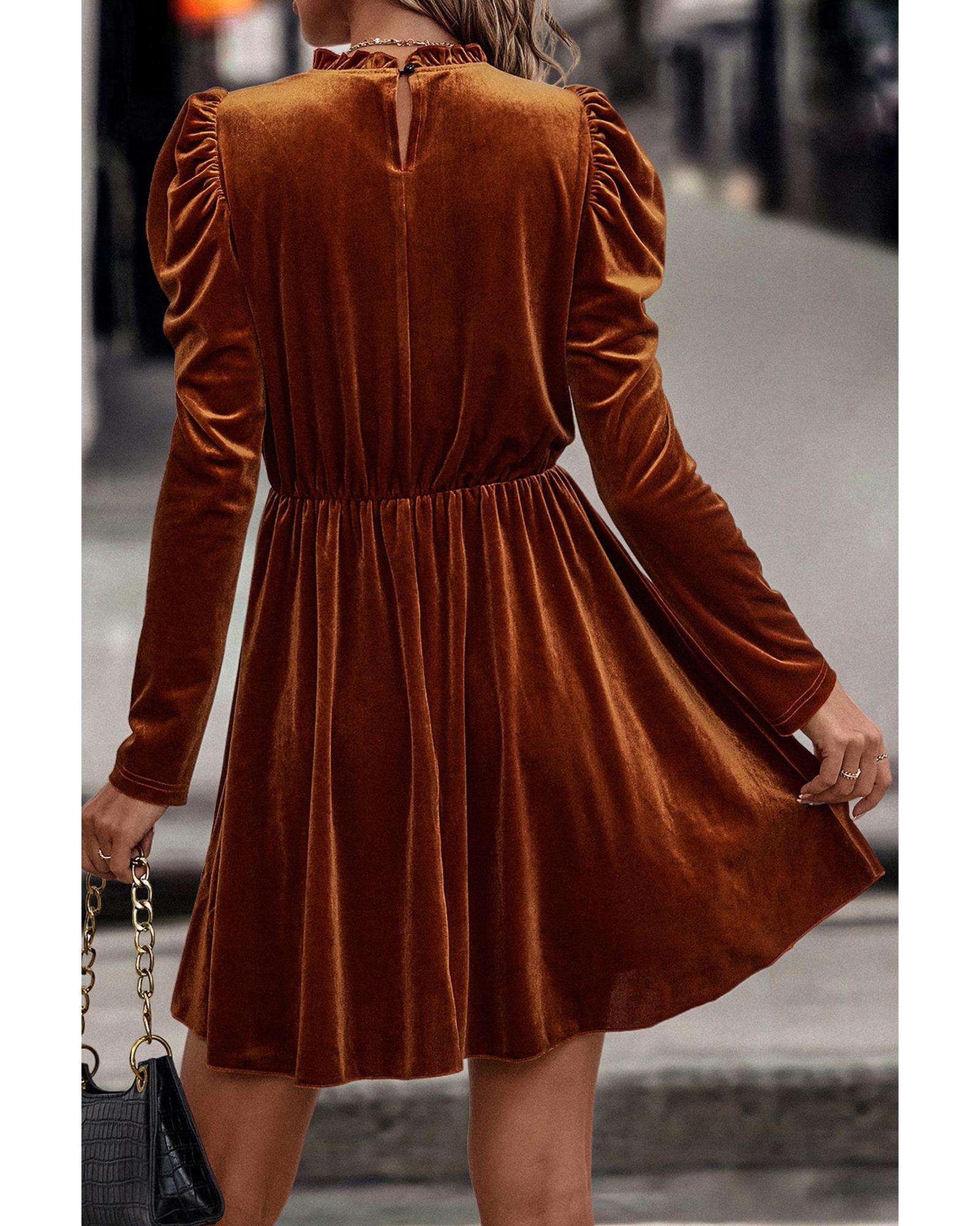 V539-AZEXDC6118342-P2017-M-202508282225-00 Chestnut Velvet Frilled Neck Gigot Sleeve Swing Dress - M - Image 1