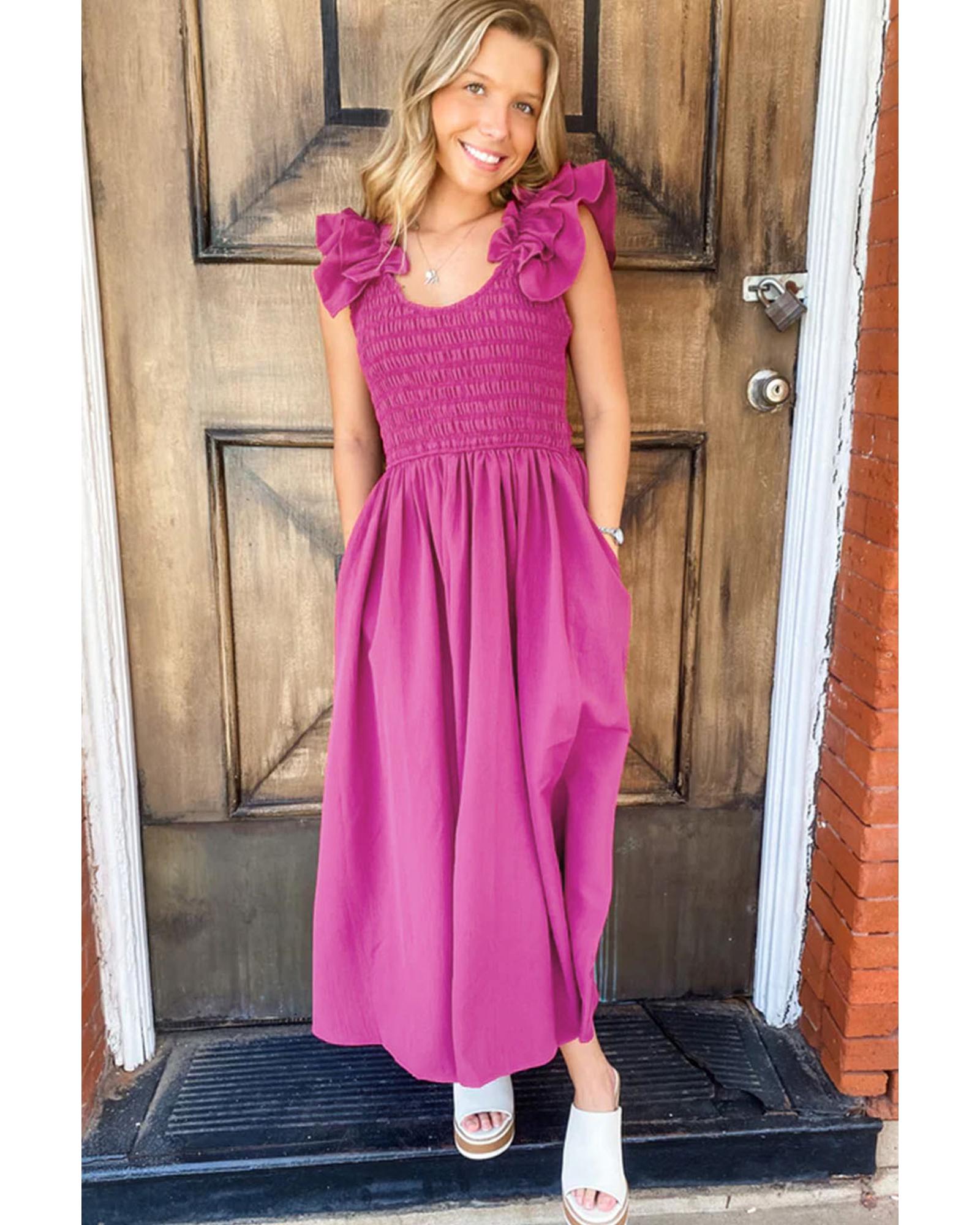 V539-AZEXDC6118840-P6-M-202508291240-00 Rose Red Solid Color Ruffled Straps Smocked Ruched Maxi Dress - M - Image 1