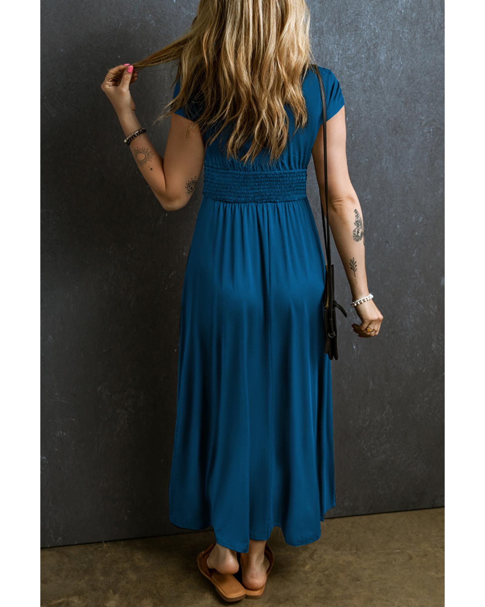 V539-AZEXDC6118843-P405-M-202508292255-00 Peacock Blue Short Sleeve Shirred High Waist V Neck Maxi Dress - M - Image 1