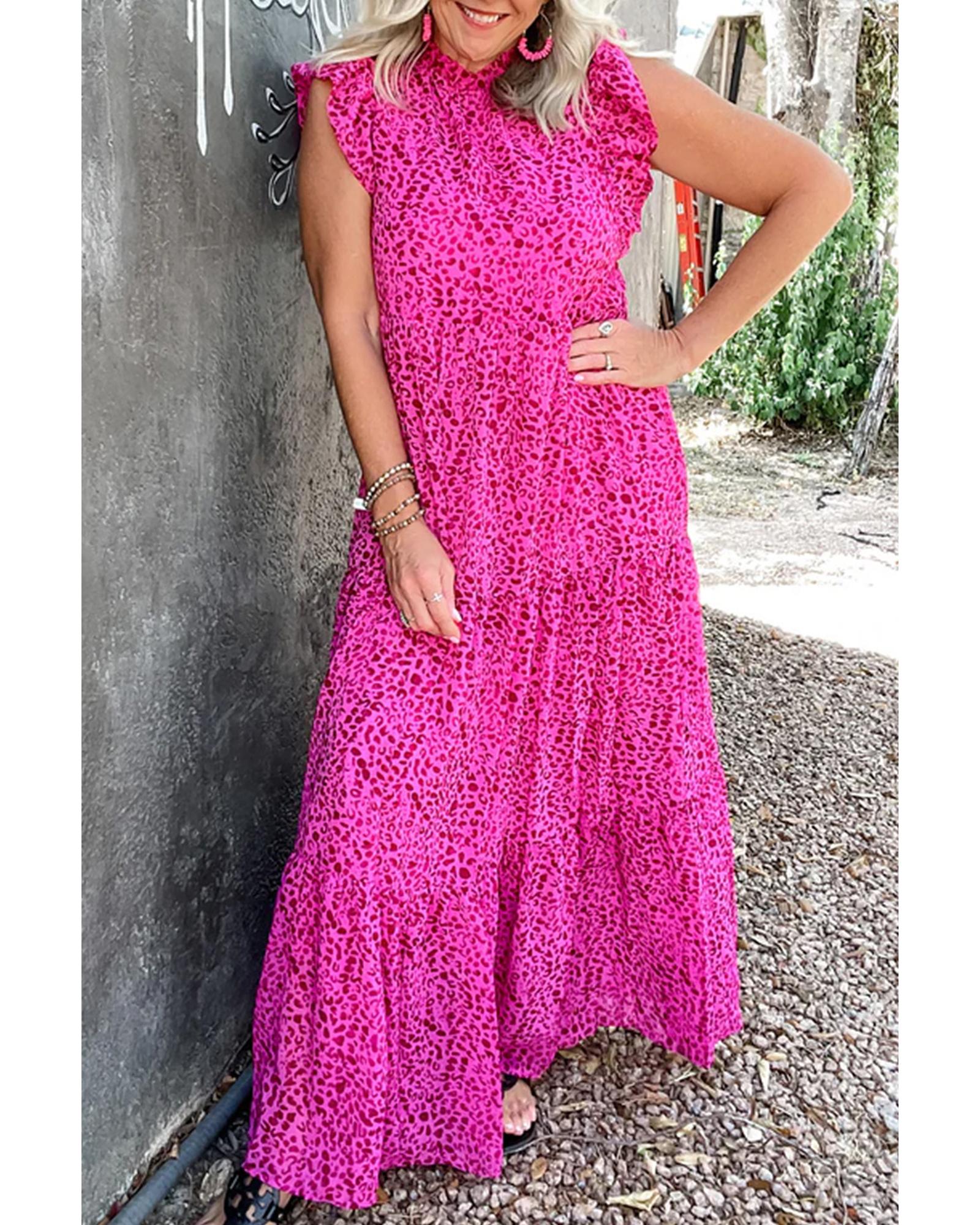 V539-AZEXDC6118877-P6-S-202506141336-00 Rose Red Leopard Print Ruffled Trim Tiered Maxi Dress - S - Image 1